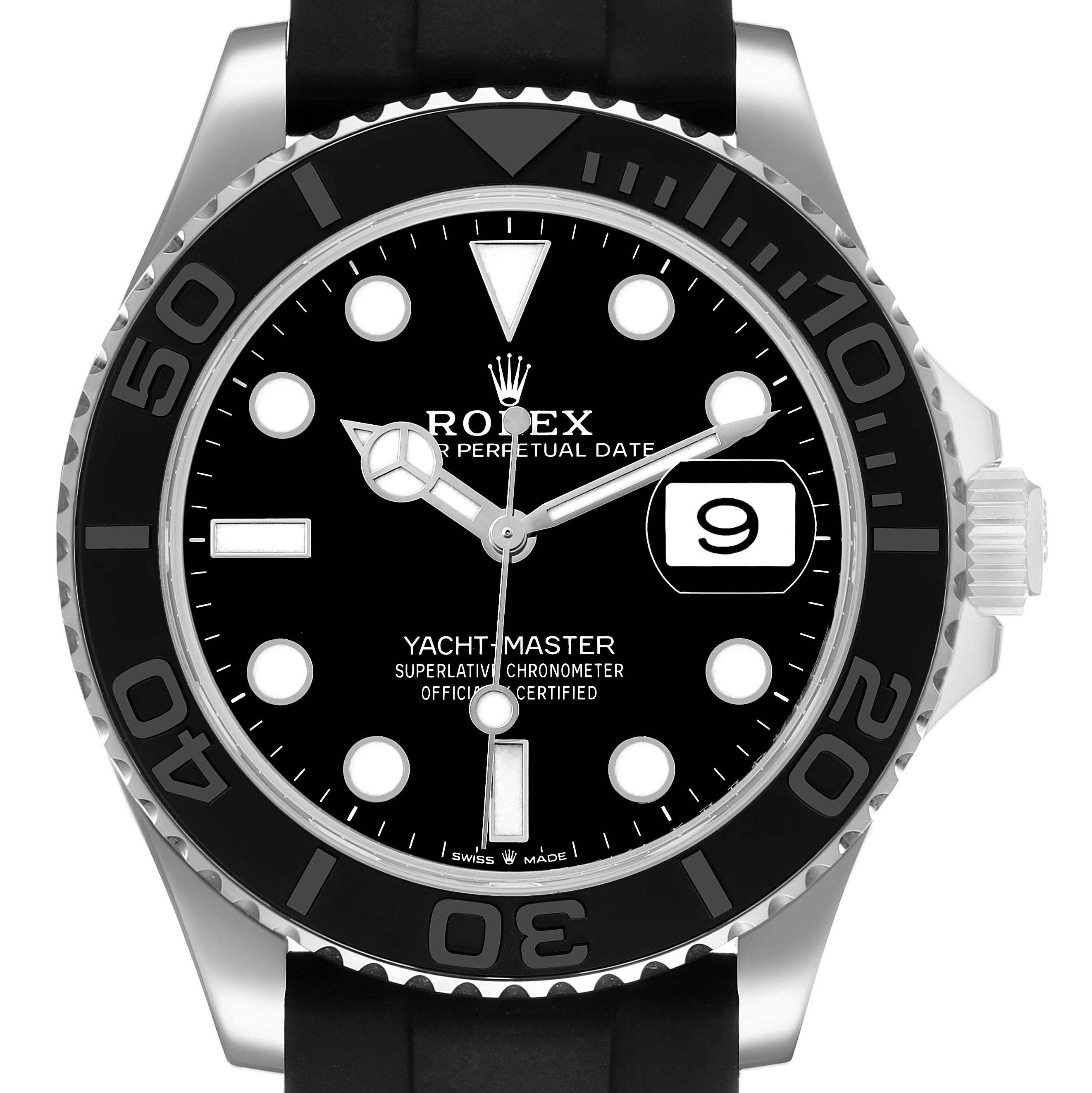 The Rolex Yacht-Master 226659 Men's White Gold Black Dial watch is shown from the front, highlighting the dial, bezel, hands, and date window.