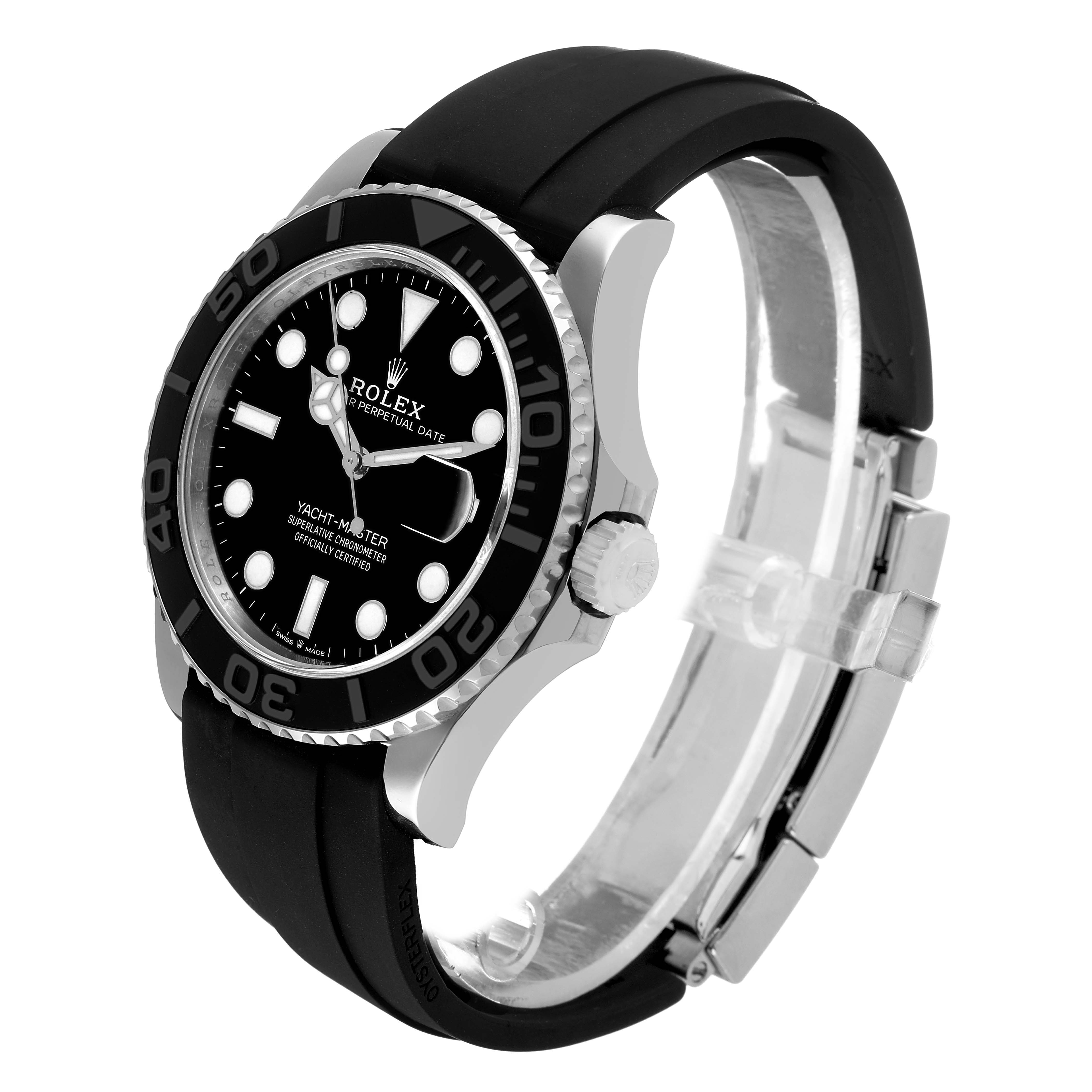 The Rolex Yacht-Master 226659 Men's White Gold Black Dial watch is shown at a slight angle, highlighting the bezel, dial, band, and side profile.