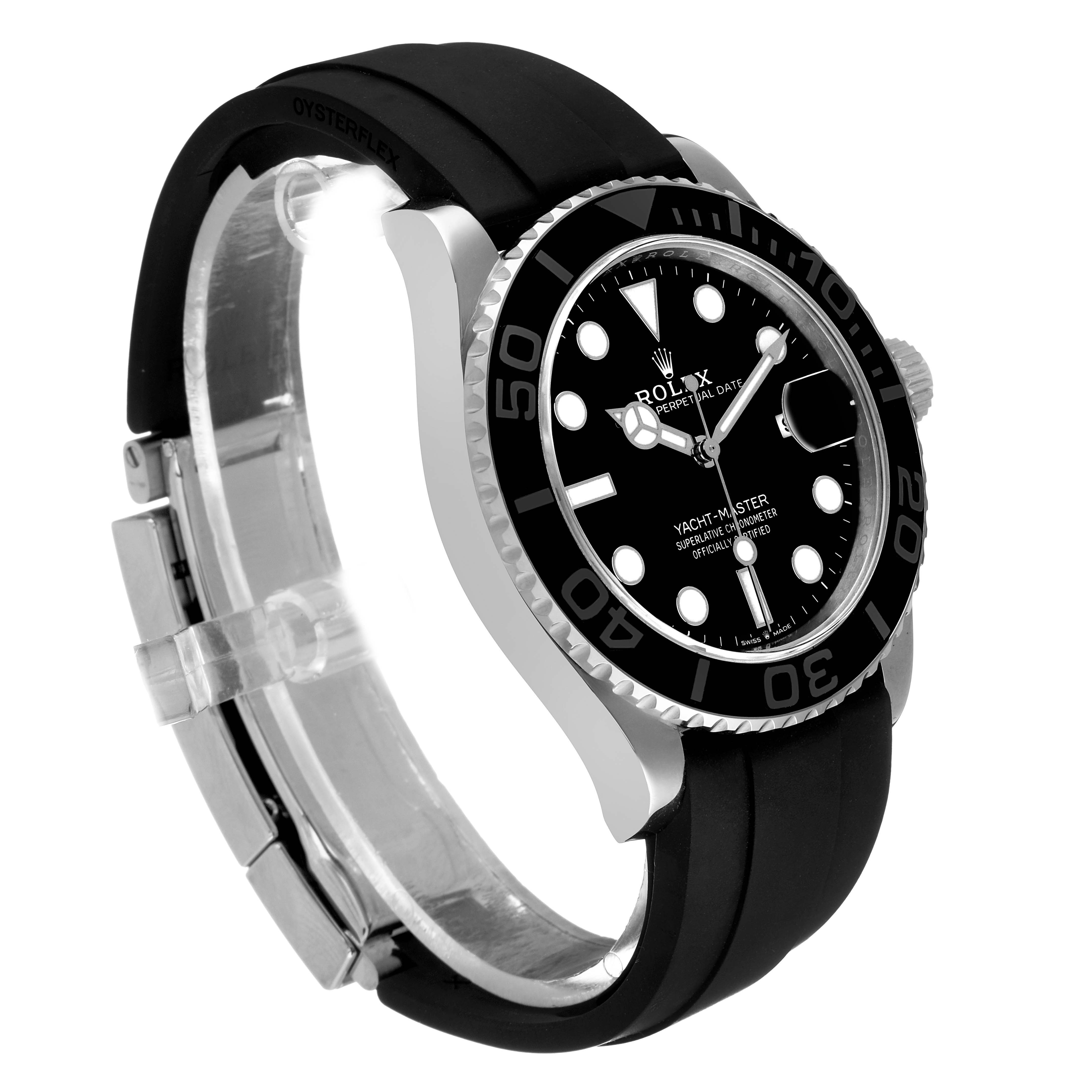 The Rolex Yacht-Master 226659 Men's White Gold Black Dial is shown at a slight angle, highlighting the black dial, bezel, and Oysterflex bracelet.