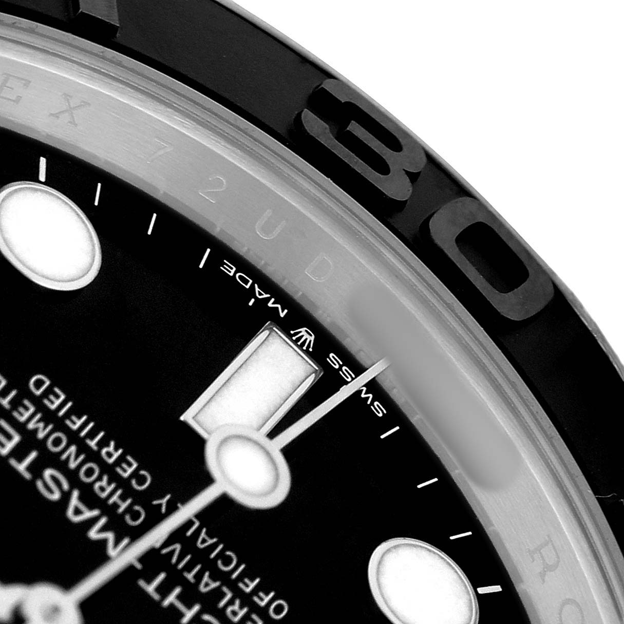 This close-up image of the Rolex Yacht-Master 226659 Men's White Gold Black Dial shows the dial, hands, and part of the bezel, featuring the markers and text details.