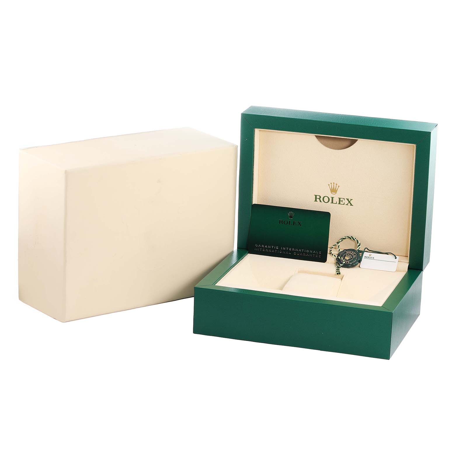 The image shows a Rolex Yacht-Master 226659 Men's White Gold Black Dial watch box at an angle, open to display the guarantee card and a tag.