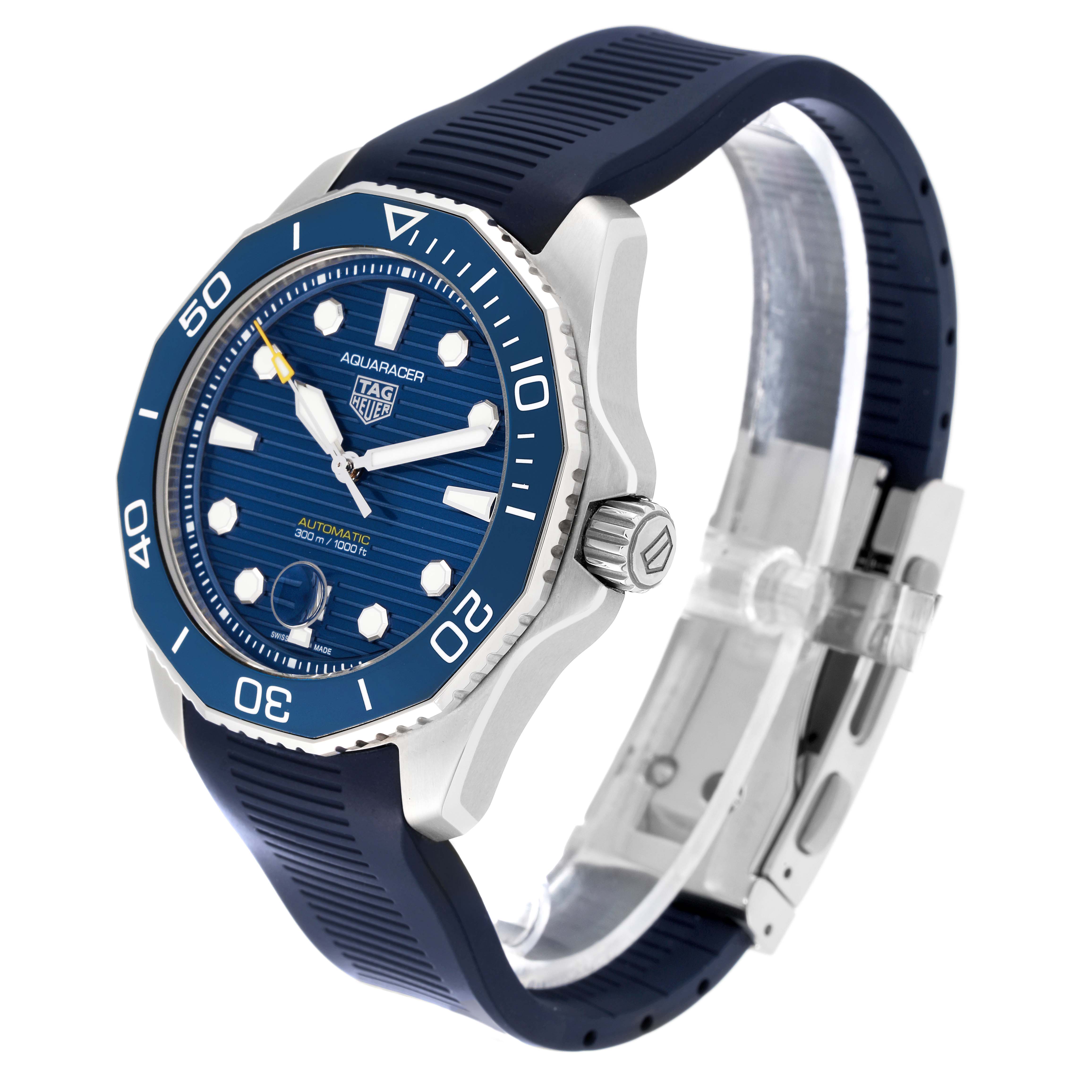 The Tag Heuer Aquaracer WBP201B.FT6198 Men's Stainless Steel Blue Dial WBP201B.FT6198 Men's Stainless Steel Blue Dial watch is shown at an angle highlighting its blue dial, bezel, and rubber strap.