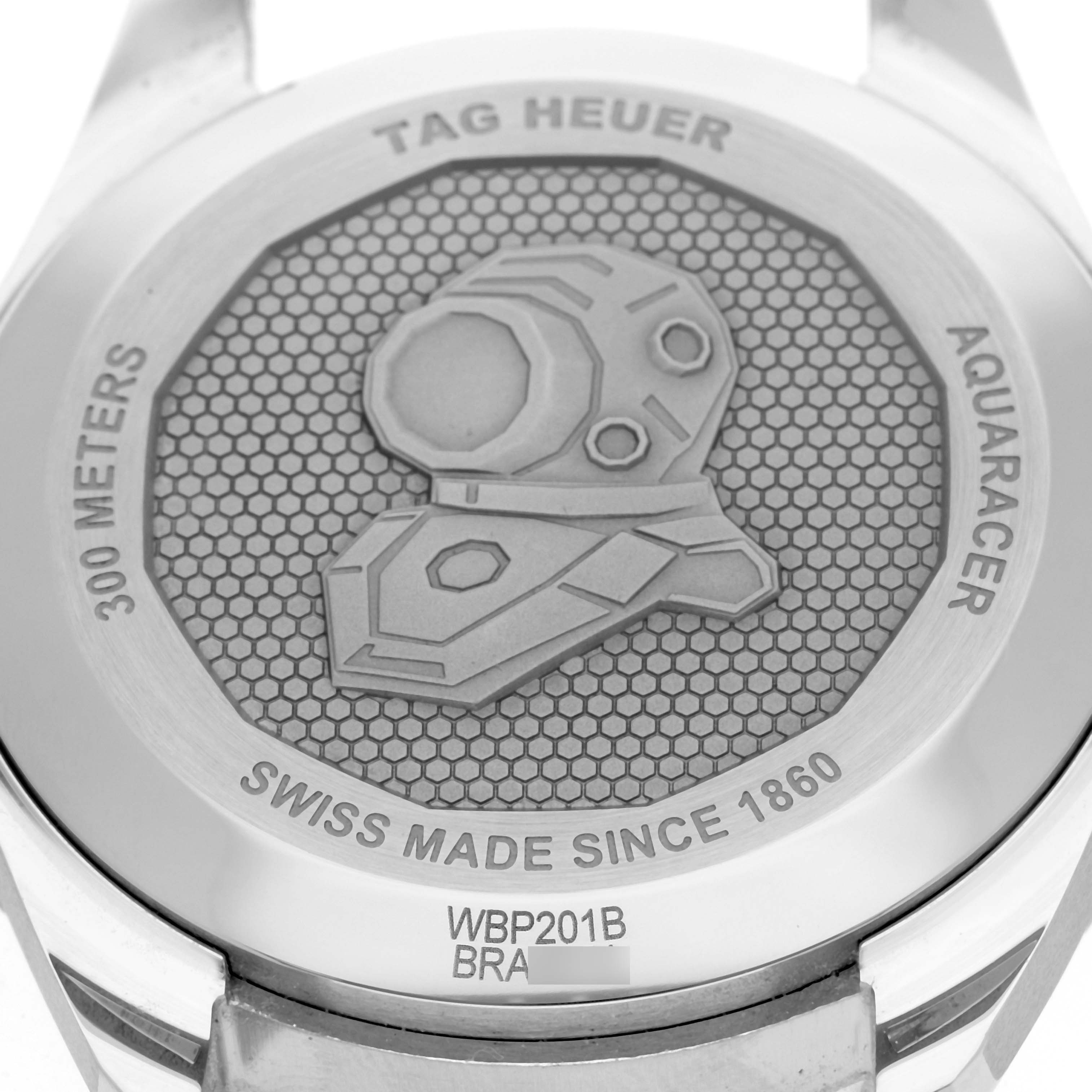The image shows the case back of a Tag Heuer Aquaracer WBP201B.FT6198 Men's Stainless Steel Blue Dial WBP201B.FT6198 Men's Stainless Steel Blue Dial watch, featuring an engraving and model details.