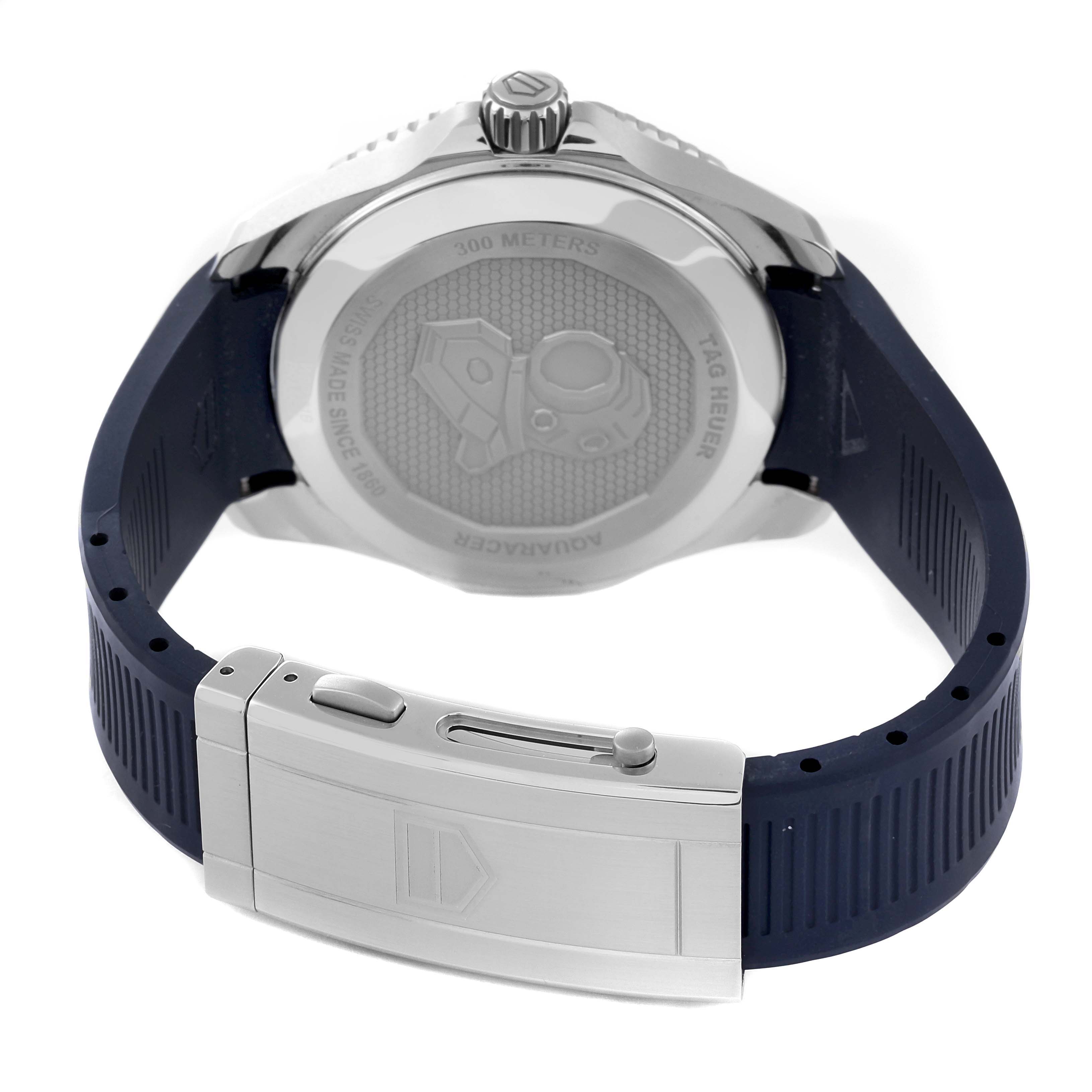 The image shows the back casing and strap of the Tag Heuer Aquaracer WBP201B.FT6198 Men's Stainless Steel Blue Dial WBP201B.FT6198 Men's Stainless Steel Blue Dial model watch, viewed from a low rear angle.