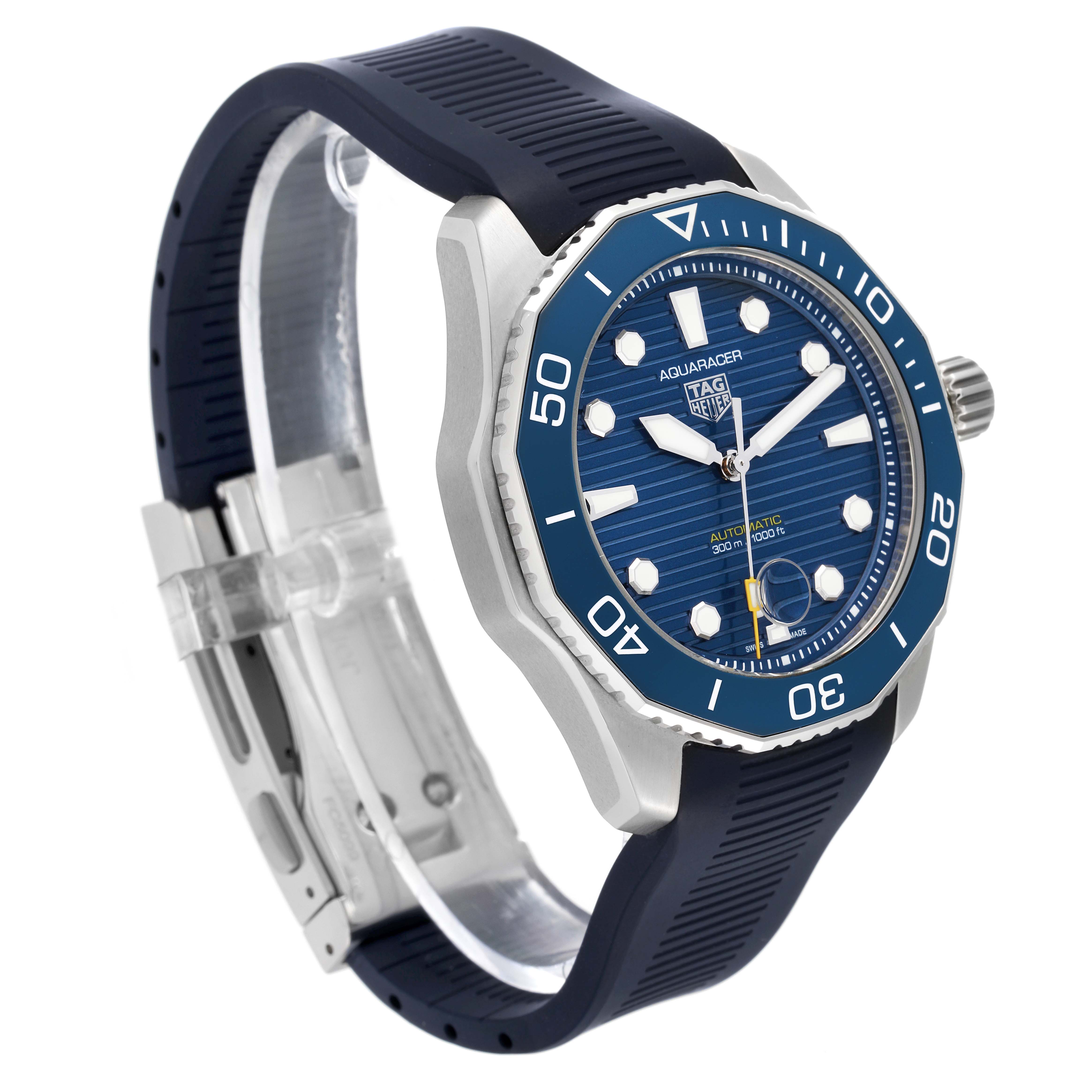 The image shows a Tag Heuer Aquaracer WBP201B.FT6198 Men's Stainless Steel Blue Dial WBP201B.FT6198 Men's Stainless Steel Blue Dial watch angled to display the face, bezel, crown, and strap.