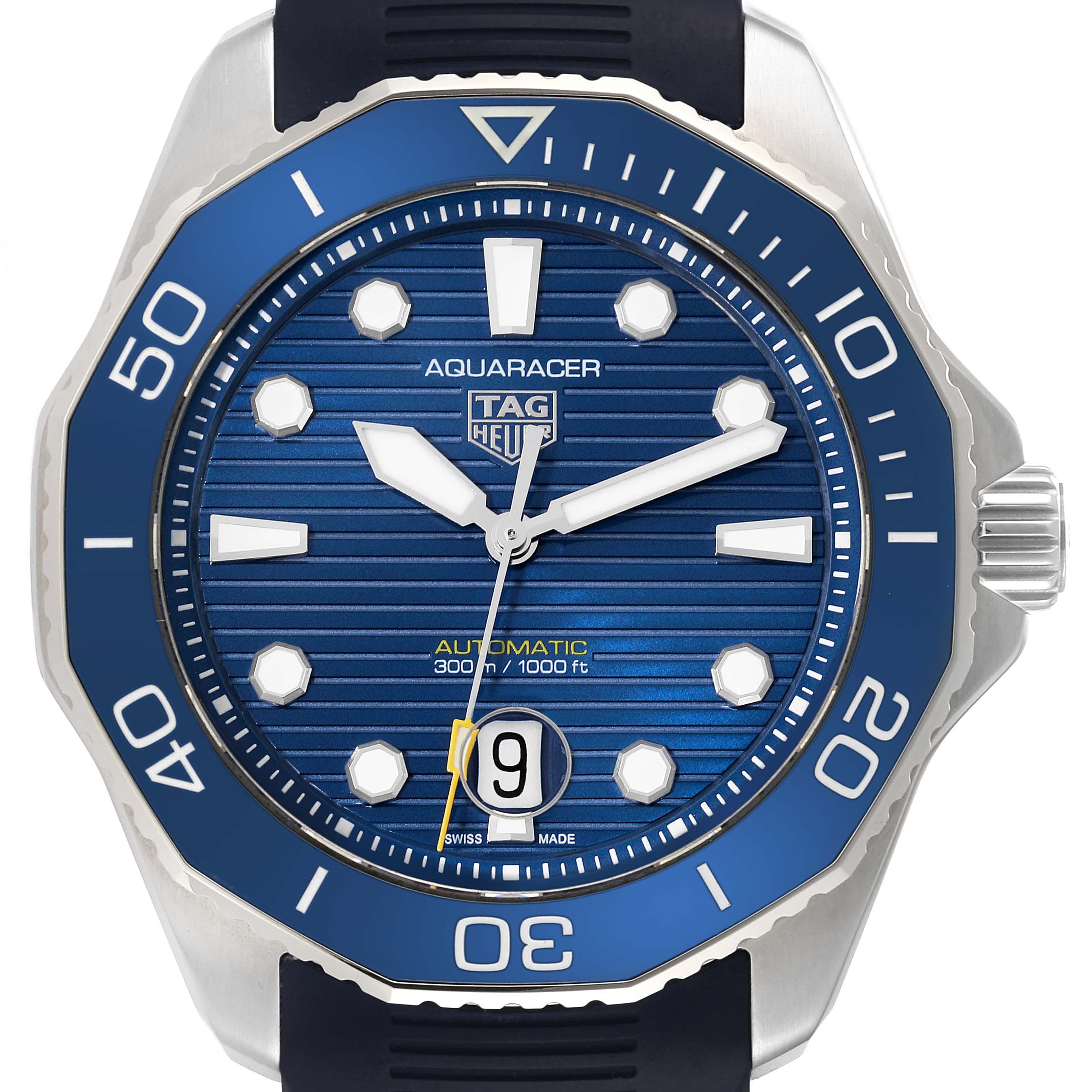 The image shows a front view of a Tag Heuer Aquaracer WBP201B.FT6198 Men's Stainless Steel Blue Dial WBP201B.FT6198 Men's Stainless Steel Blue Dial watch, highlighting its blue dial, bezel, and date display.