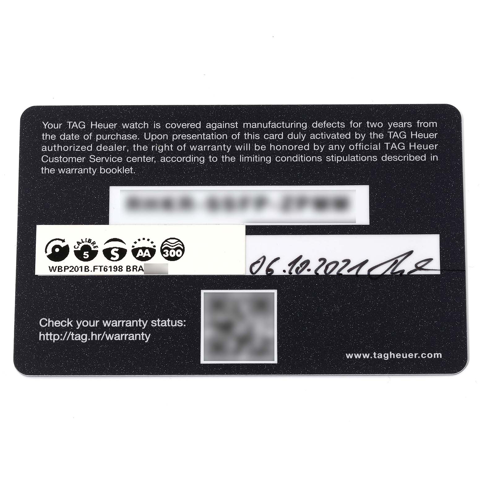 This image shows the warranty card for the Tag Heuer Aquaracer WBP201B.FT6198 Men's Stainless Steel Blue Dial WBP201B.FT6198 Men's Stainless Steel Blue Dial watch model WBP201B.FT6198.