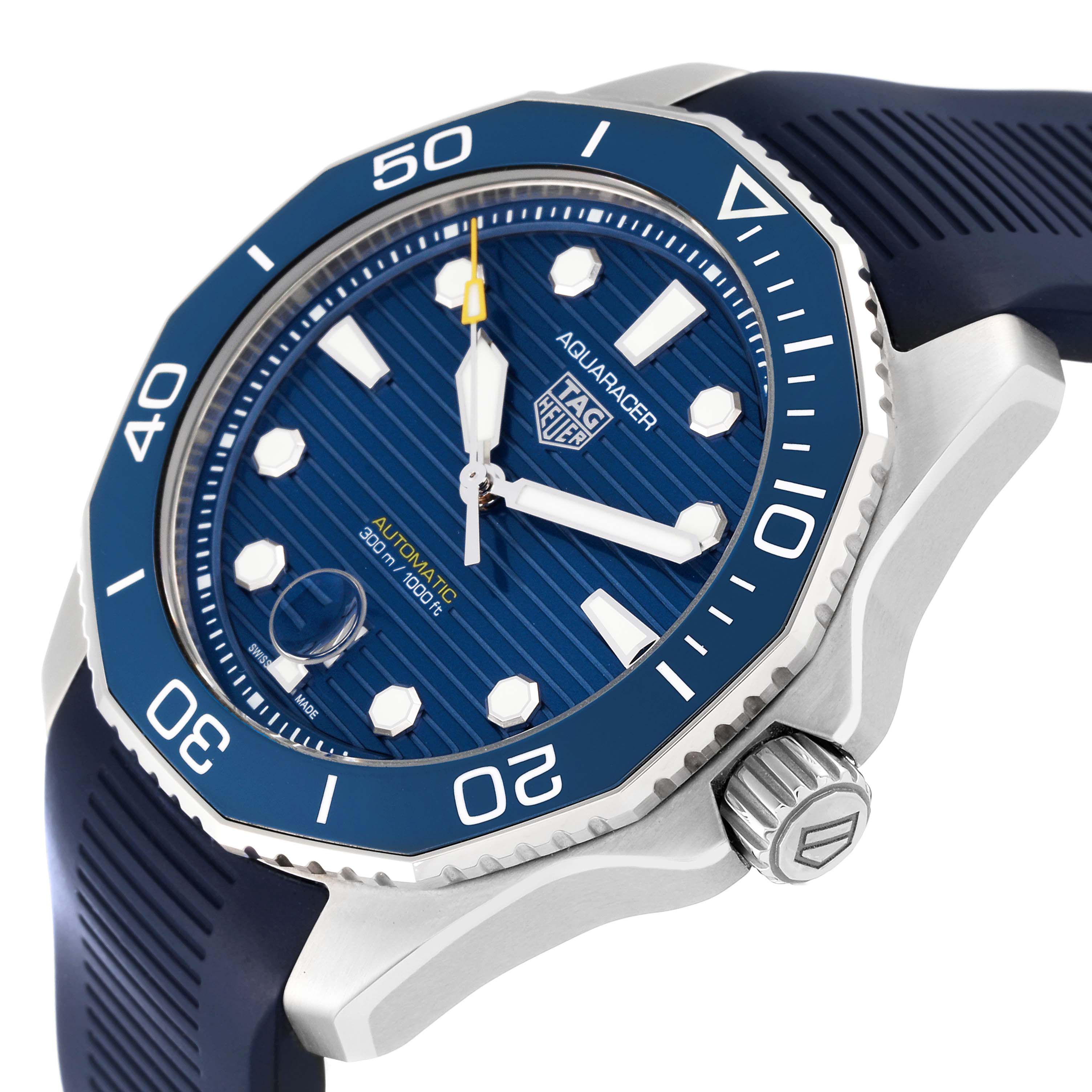 The image shows an angled view of the Tag Heuer Aquaracer WBP201B.FT6198 Men's Stainless Steel Blue Dial WBP201B.FT6198 Men's Stainless Steel Blue Dial watch, highlighting its blue bezel, dial, and crown.
