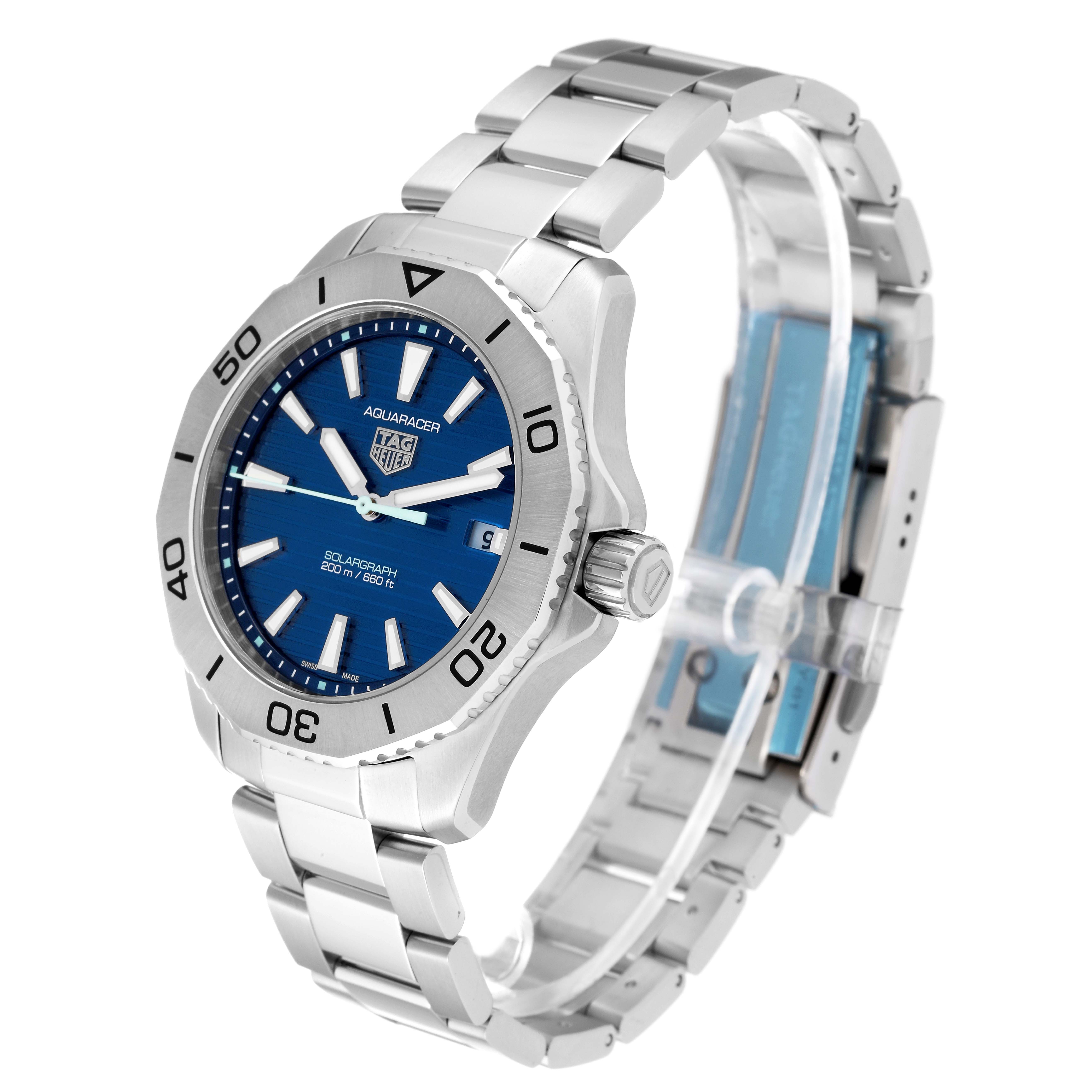 The Tag Heuer Aquaracer WBP1113.BA0000 Men's Stainless Steel Blue Dial WBP1113.BA0000 Men's Stainless Steel Blue Dial watch is shown at a three-quarter angle, displaying the blue dial, bezel, crown, and stainless steel bracelet.