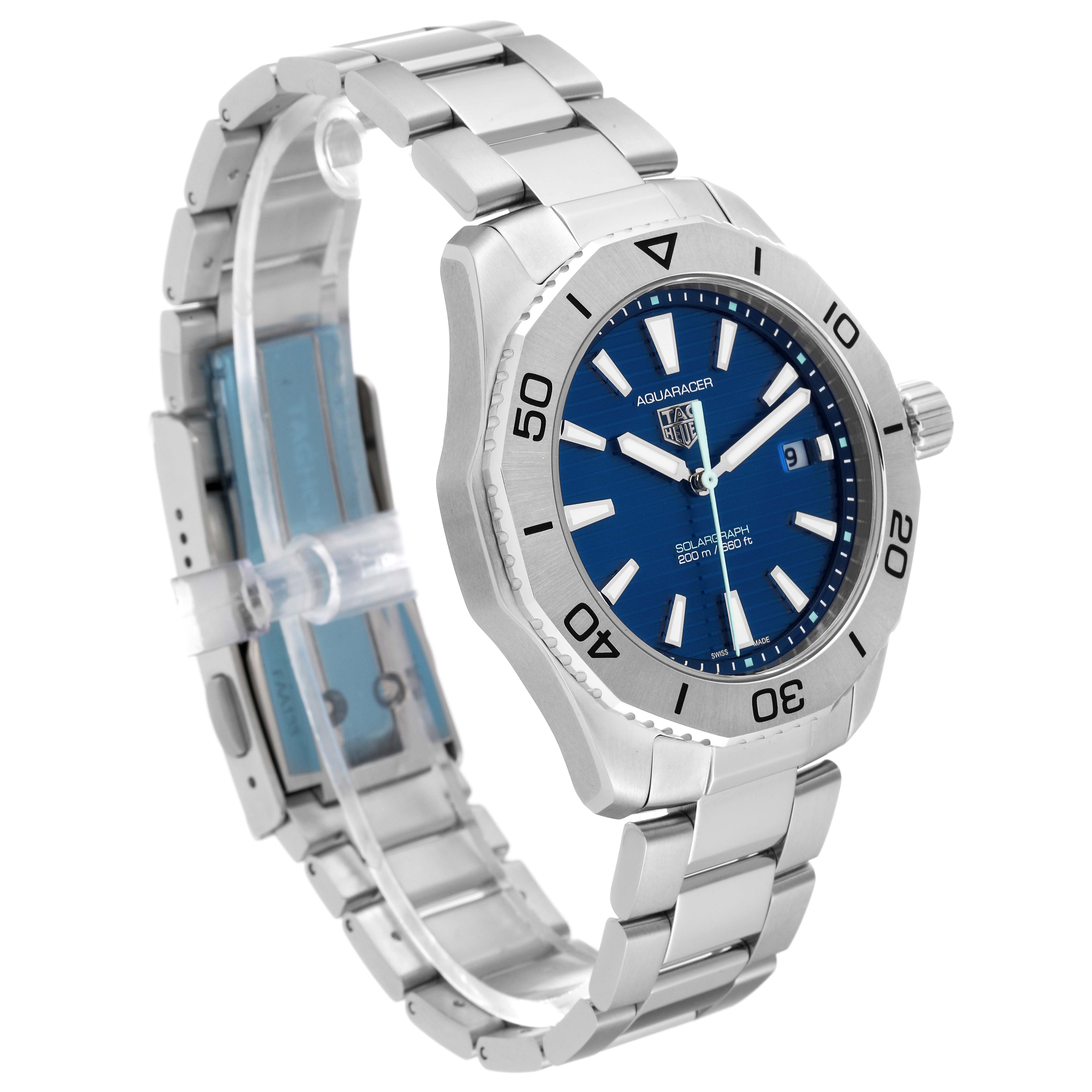 The Tag Heuer Aquaracer WBP1113.BA0000 Men's Stainless Steel Blue Dial WBP1113.BA0000 Men's Stainless Steel Blue Dial watch is shown at a three-quarter angle, highlighting the blue dial, bezel, and stainless steel bracelet.