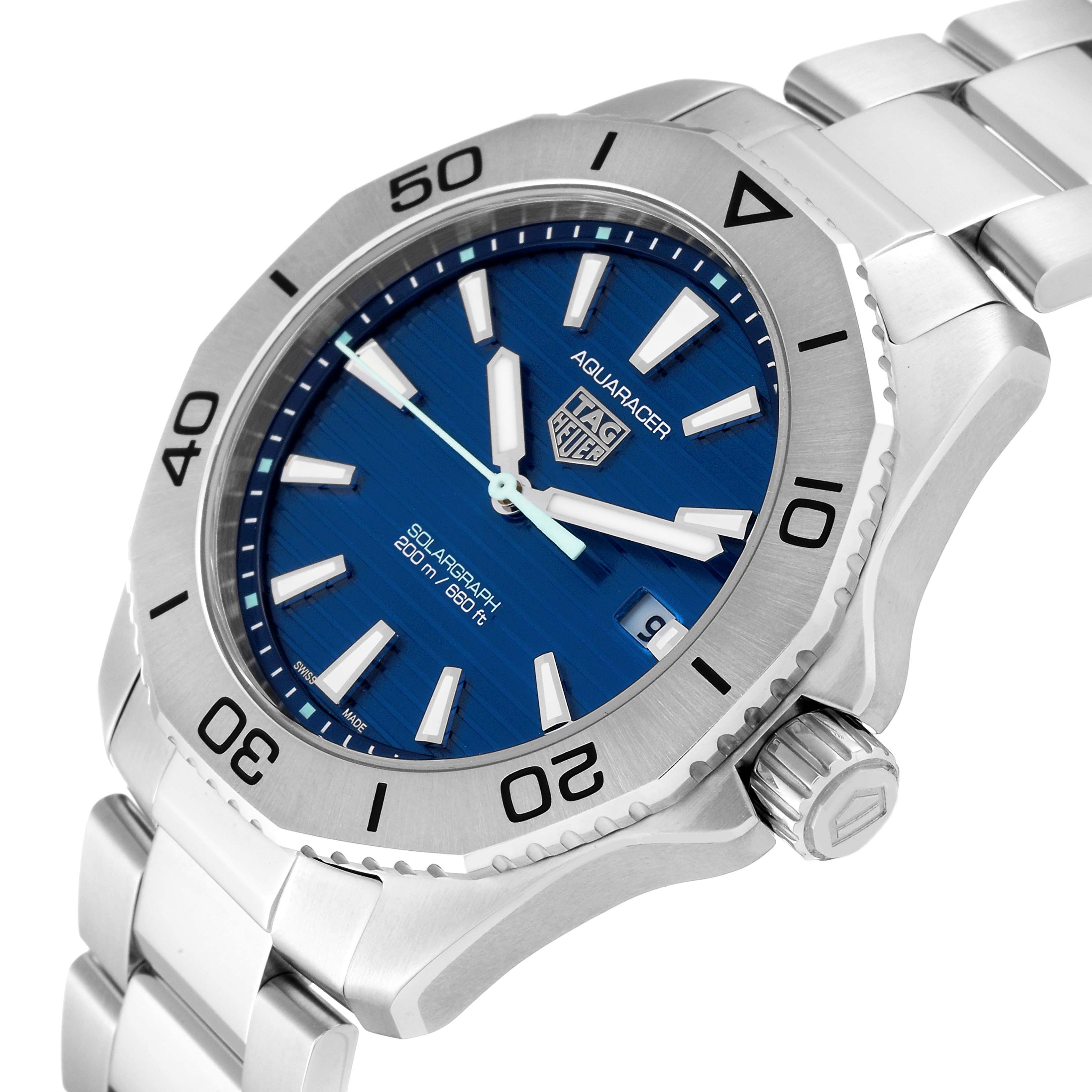 The image shows a Tag Heuer Aquaracer WBP1113.BA0000 Men's Stainless Steel Blue Dial WBP1113.BA0000 Men's Stainless Steel Blue Dial watch at an angle highlighting the blue dial, bezel, crown, and part of the bracelet.