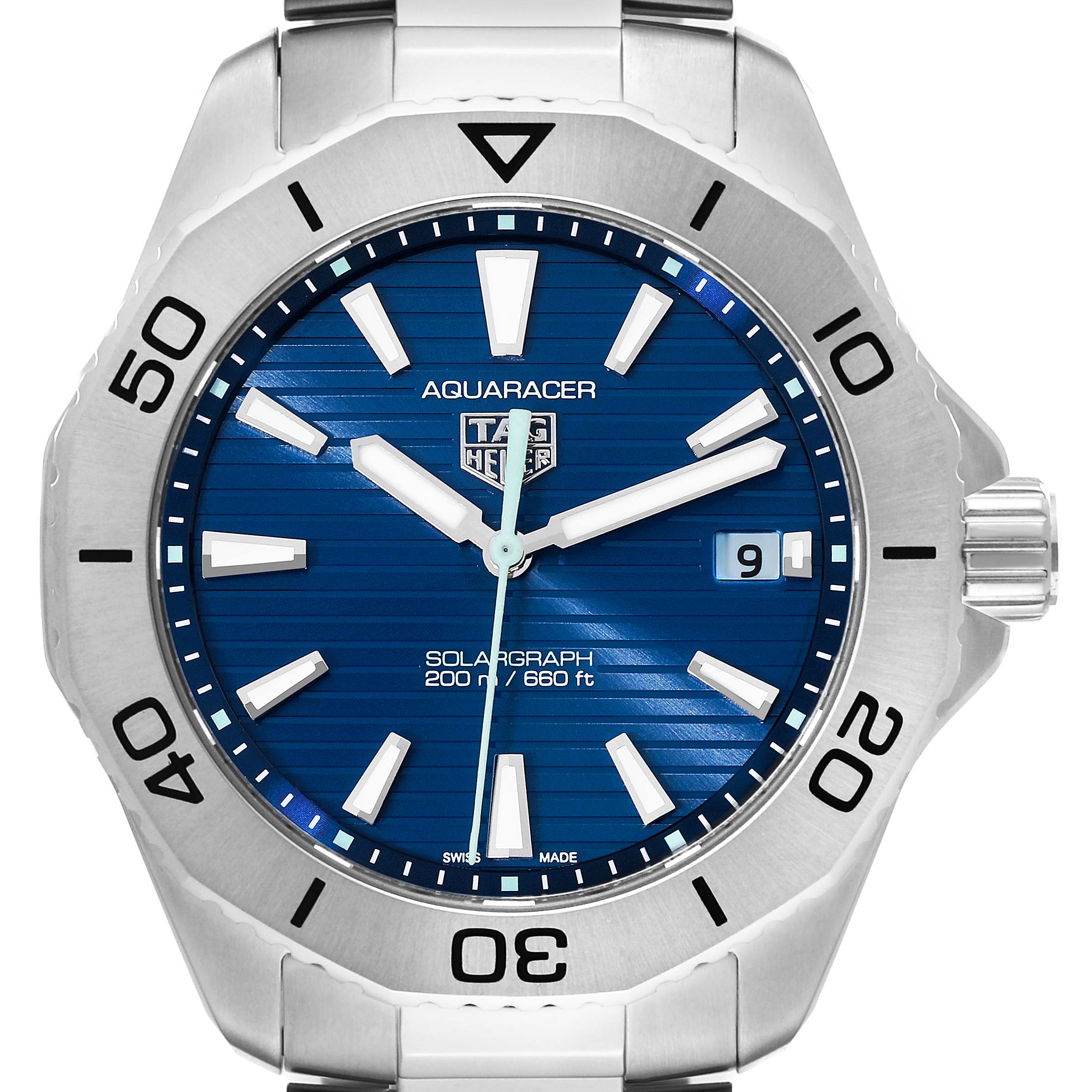 A front view of the Tag Heuer Aquaracer WBP1113.BA0000 Men's Stainless Steel Blue Dial WBP1113.BA0000 Men's Stainless Steel Blue Dial watch, showing the blue dial, hands, date window, and part of the metal band.