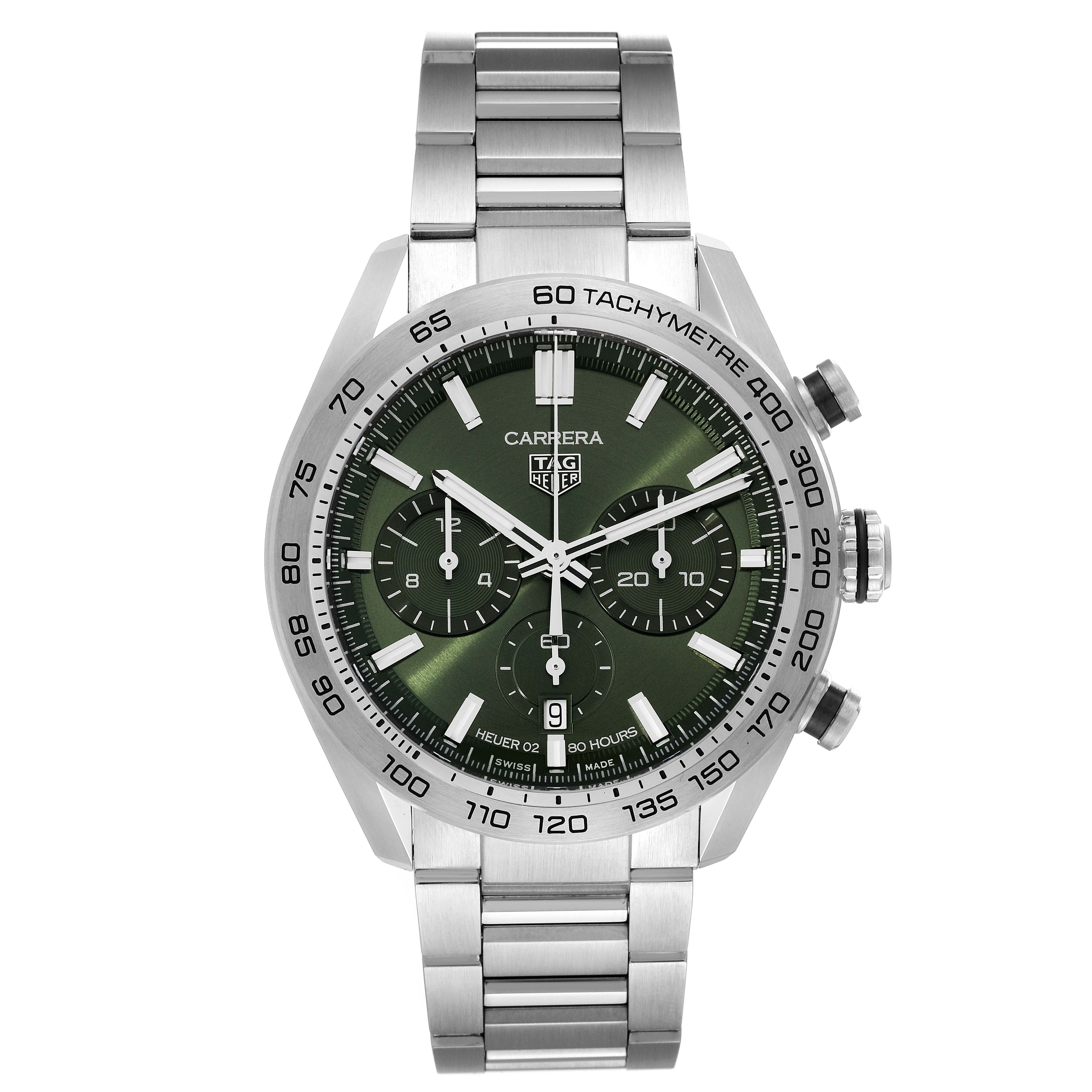 The image shows a front view of a Tag Heuer Carrera CBN2A10.BA0643 Men's Stainless Steel Green Dial CBN2A10.BA0643 Men's Stainless Steel Green Dial watch with a green dial and stainless steel bracelet.