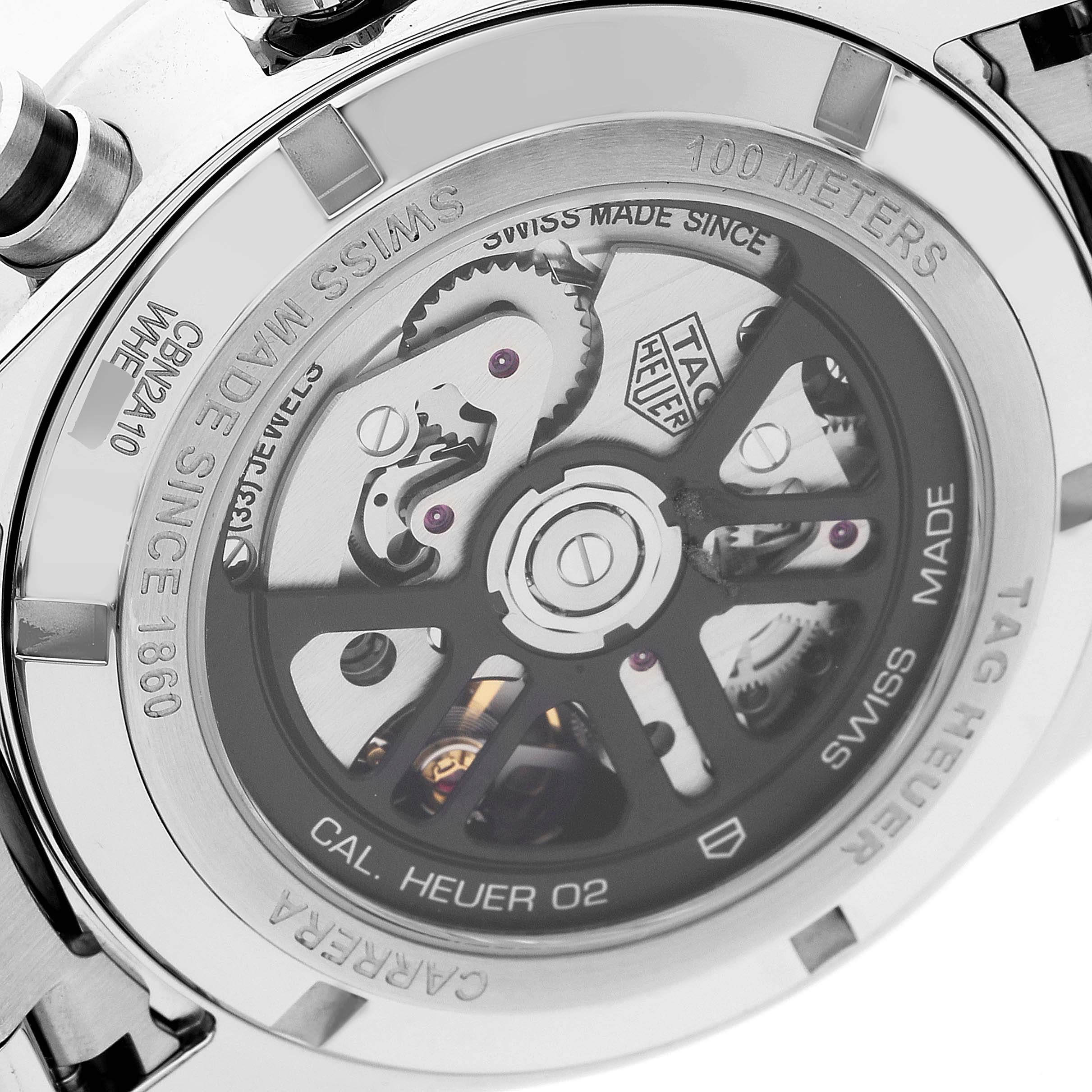 The image shows the back of a Tag Heuer Carrera CBN2A10.BA0643 Men's Stainless Steel Green Dial CBN2A10.BA0643 Men's Stainless Steel Green Dial watch, highlighting the movement and inner mechanism.