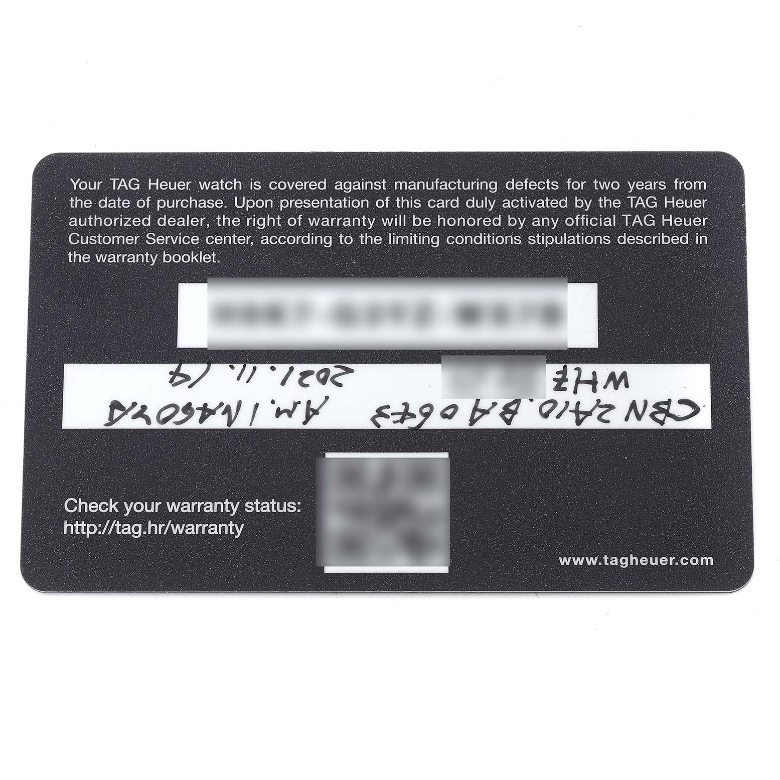 The image shows a warranty card for a Tag Heuer Carrera CBN2A10.BA0643 Men's Stainless Steel Green Dial CBN2A10.BA0643 Men's Stainless Steel Green Dial watch.