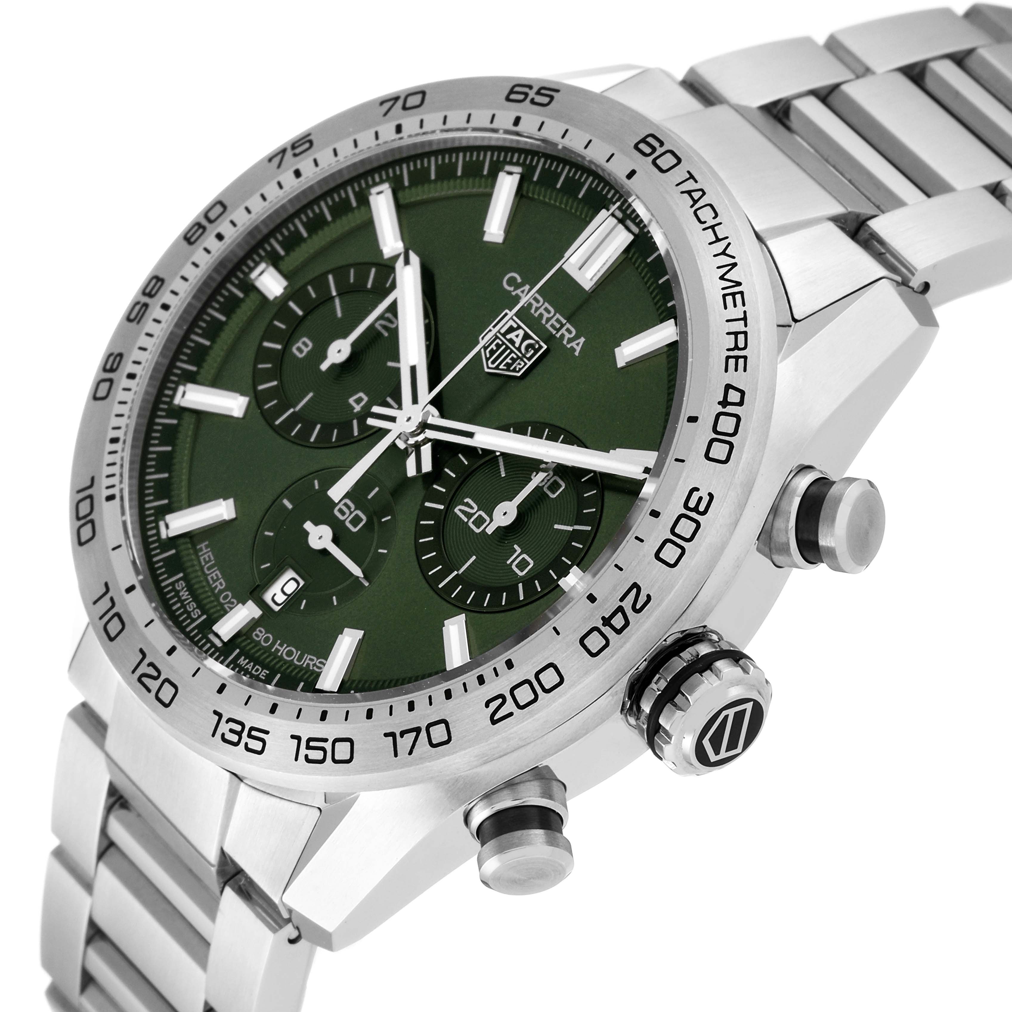This image shows a close-up angle of the Tag Heuer Carrera CBN2A10.BA0643 Men's Stainless Steel Green Dial CBN2A10.BA0643 Men's Stainless Steel Green Dial watch, focusing on the dial, tachymeter bezel, pushers, and bracelet.