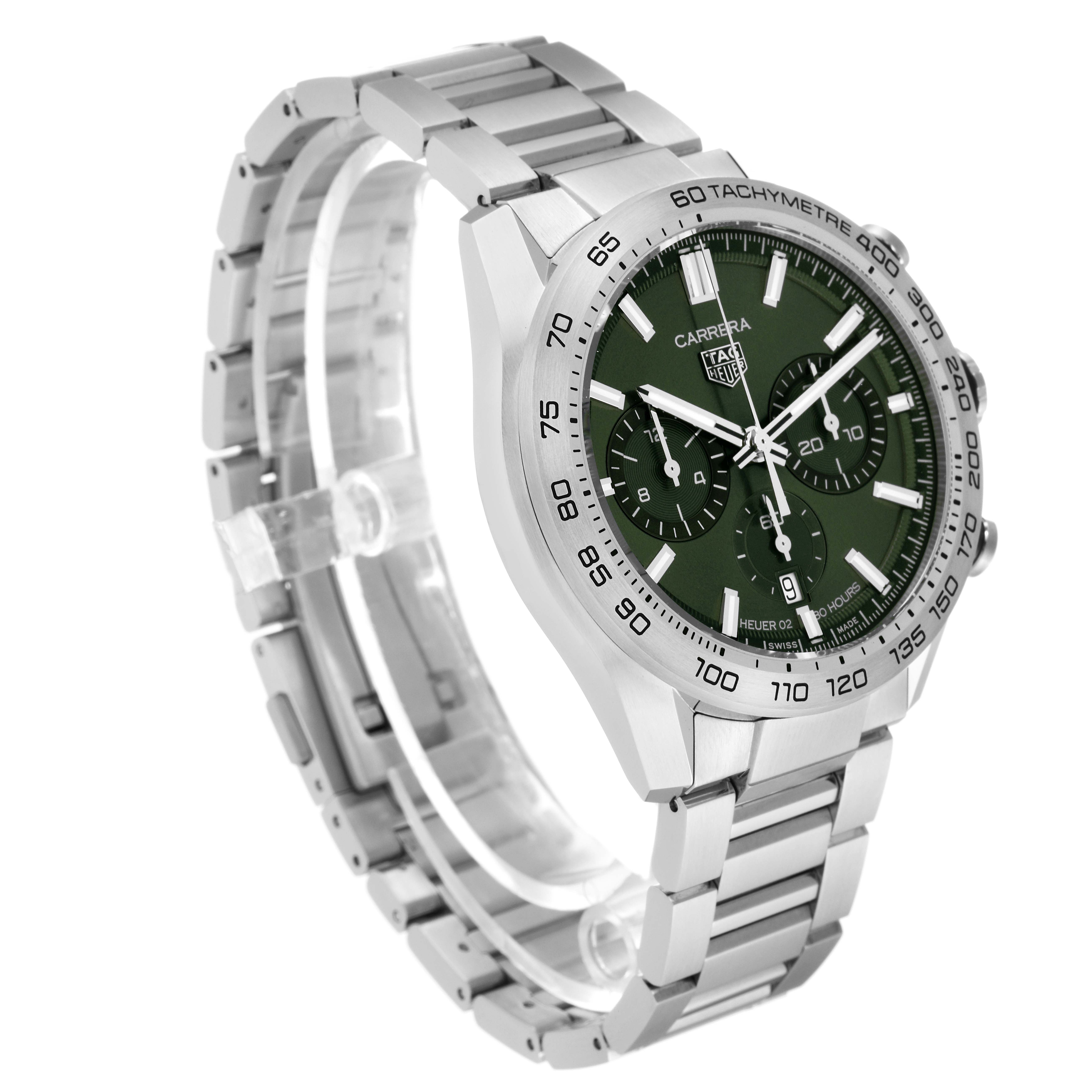 This image shows a side-angle view of a Tag Heuer Carrera CBN2A10.BA0643 Men's Stainless Steel Green Dial CBN2A10.BA0643 Men's Stainless Steel Green Dial watch, highlighting the face, bezel, and steel bracelet.