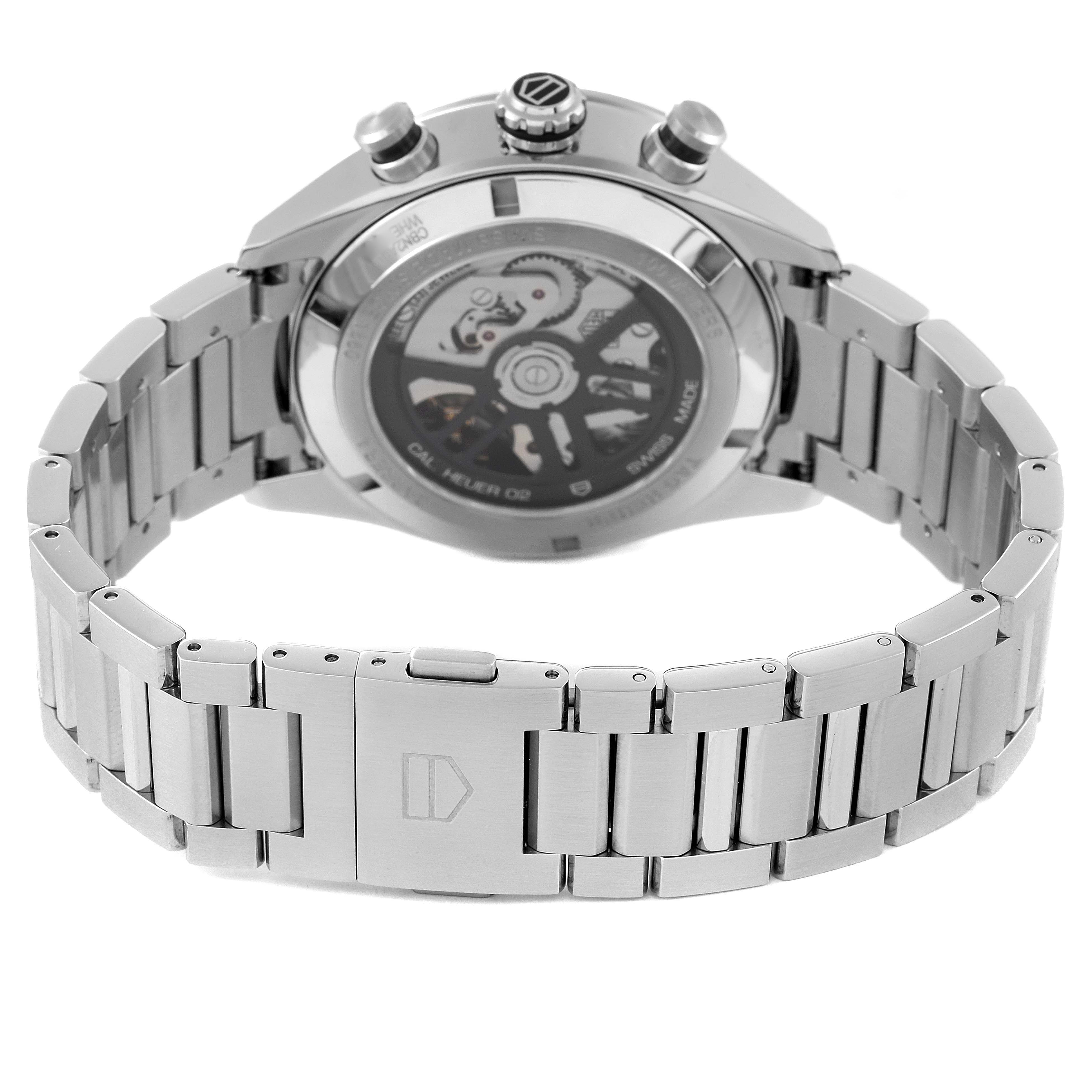 The image shows the back view of the Tag Heuer Carrera CBN2A10.BA0643 Men's Stainless Steel Green Dial CBN2A10.BA0643 Men's Stainless Steel Green Dial watch, featuring the stainless steel bracelet and transparent case back.