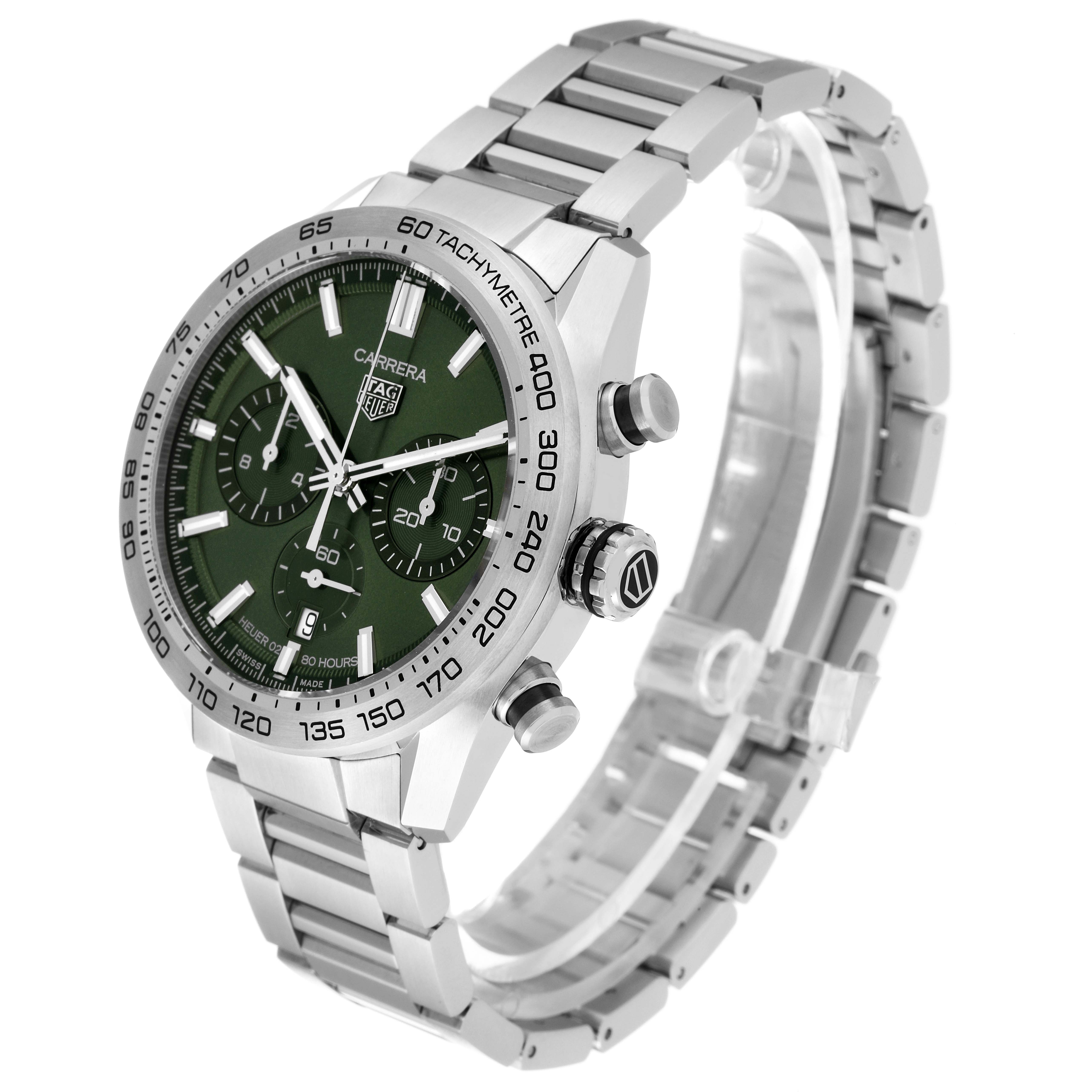 The image shows a side angle of a Tag Heuer Carrera CBN2A10.BA0643 Men's Stainless Steel Green Dial CBN2A10.BA0643 Men's Stainless Steel Green Dial watch, displaying its face, bezel, pushers, and bracelet.
