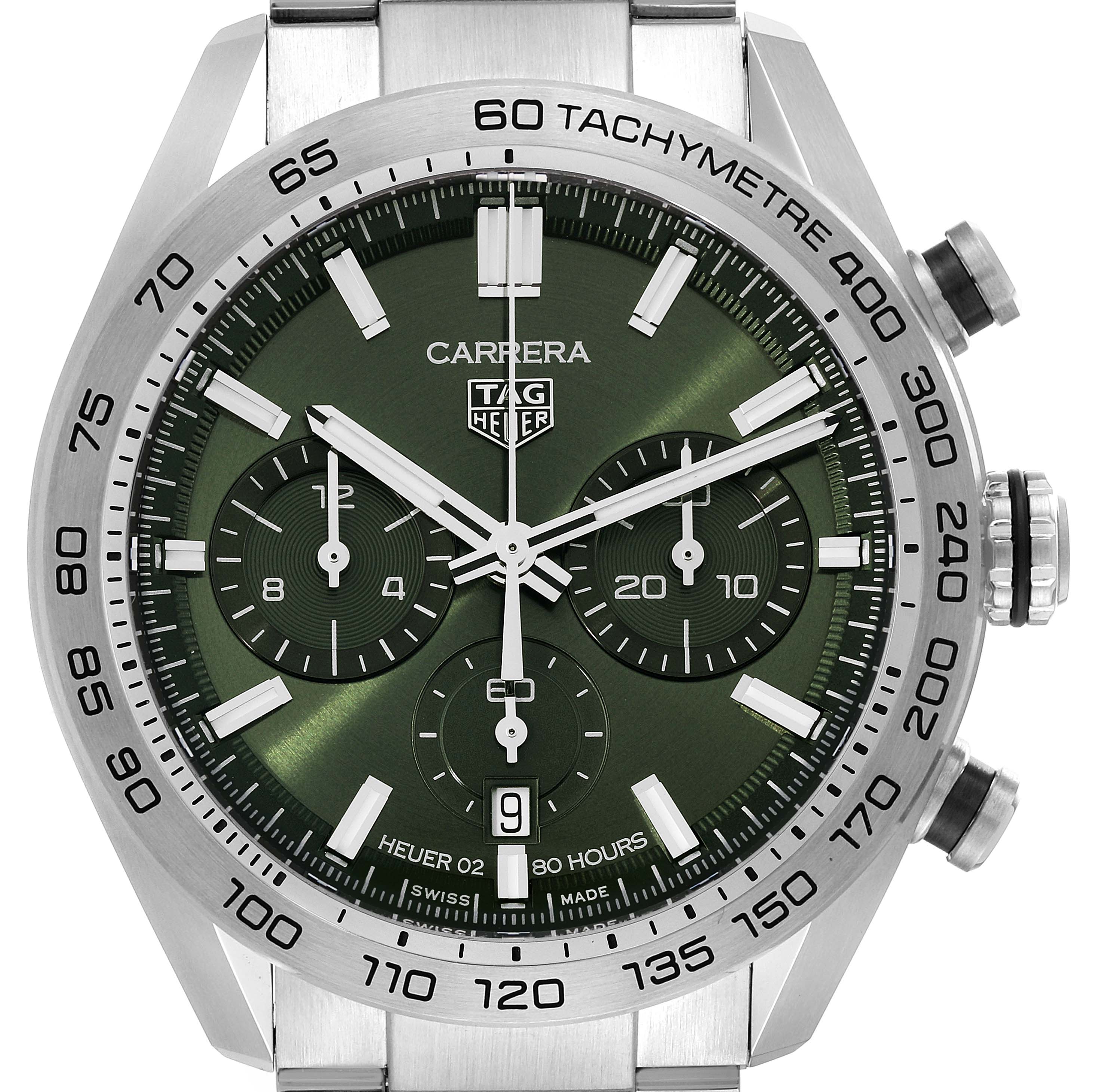 This image shows a close-up of the Tag Heuer Carrera CBN2A10.BA0643 Men's Stainless Steel Green Dial CBN2A10.BA0643 Men's Stainless Steel Green Dial watch face, with visible dials, hands, and the tachymeter scale.