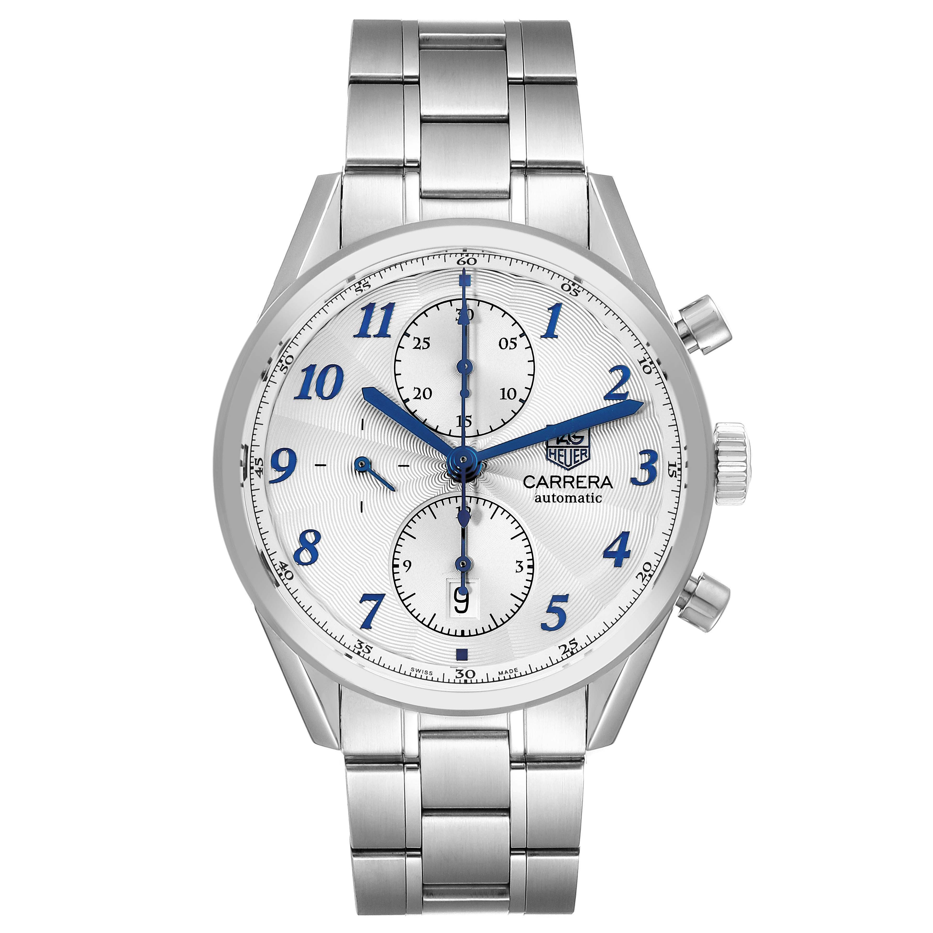 The Tag Heuer Carrera CAS2111.BA0730 Men's Stainless Steel Silver Dial CAS2111.BA0730 Men's Stainless Steel Silver Dial watch is shown from a front angle, displaying its face, dials, and metal bracelet.