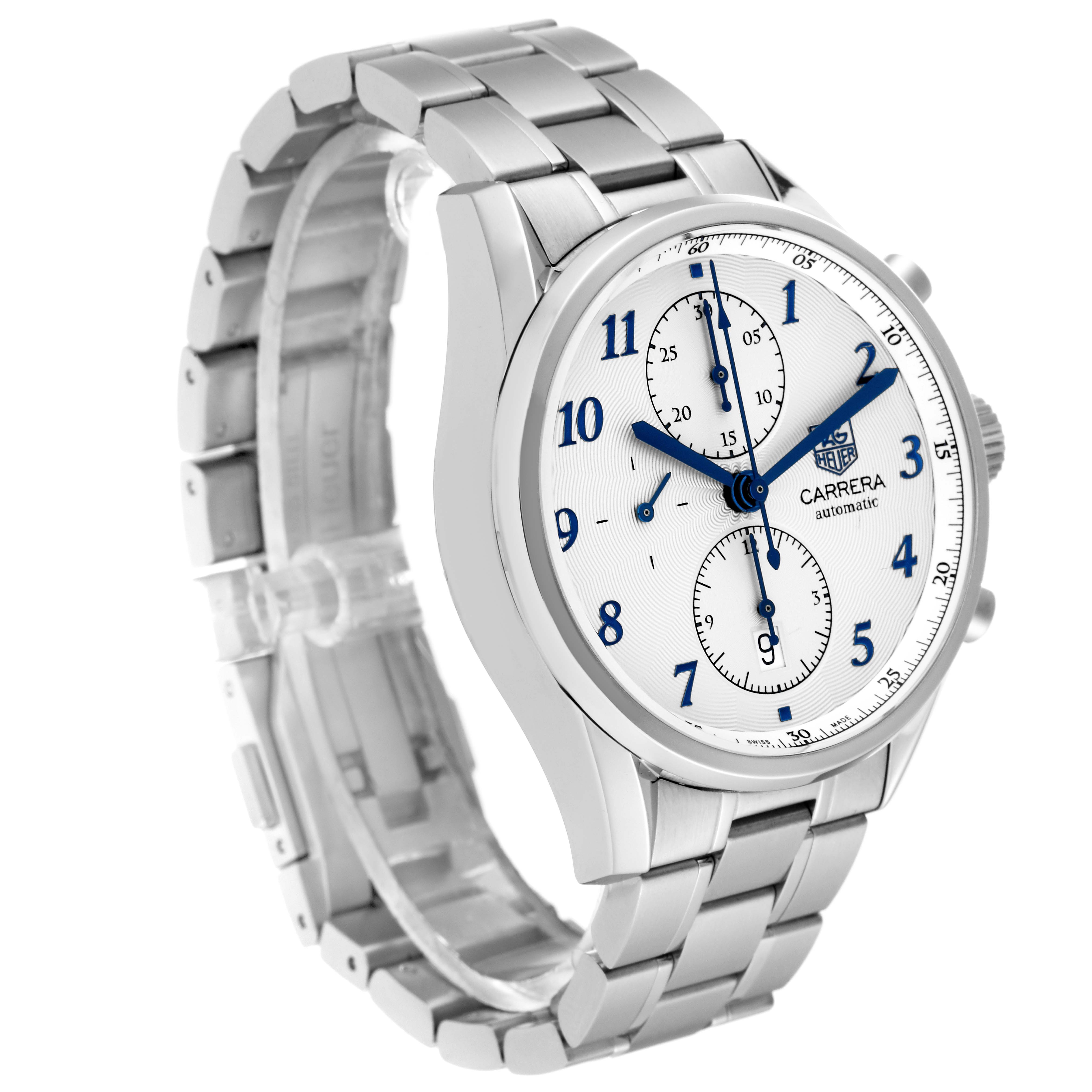 The image shows the Tag Heuer Carrera CAS2111.BA0730 Men's Stainless Steel Silver Dial CAS2111.BA0730 Men's Stainless Steel Silver Dial watch at an angle displaying its face, dials, and metal bracelet.