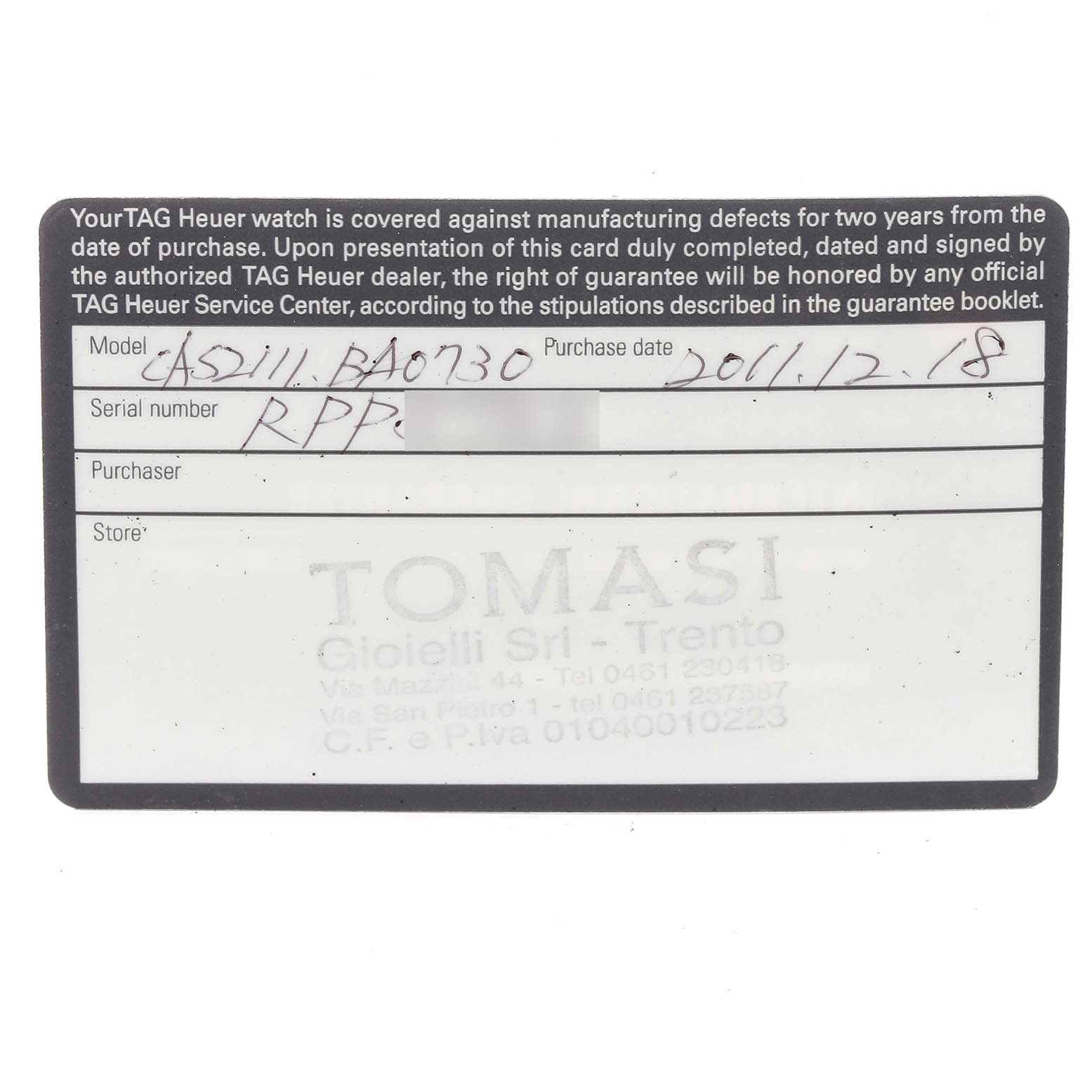 This image shows a warranty card for a Tag Heuer Carrera CAS2111.BA0730 Men's Stainless Steel Silver Dial CAS2111.BA0730 Men's Stainless Steel Silver Dial model, including purchase date, model, serial number, purchaser, and store information.