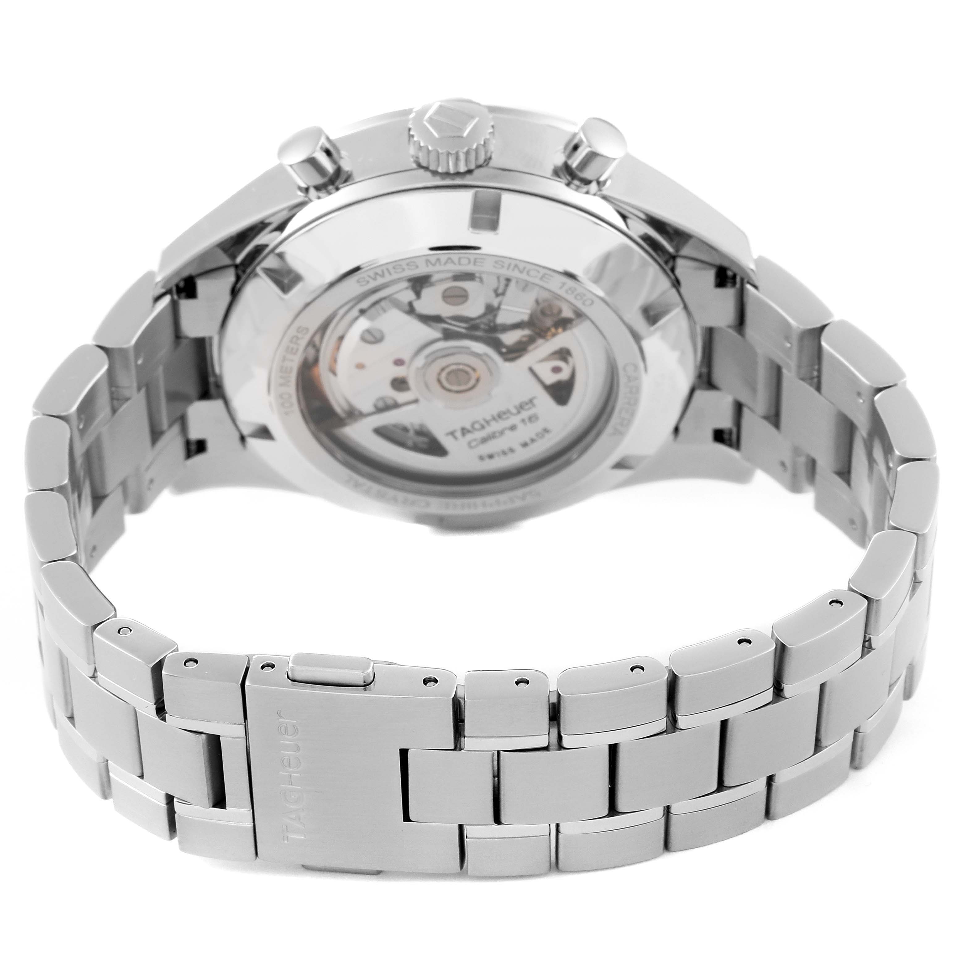 The image shows the back view of a Tag Heuer Carrera CAS2111.BA0730 Men's Stainless Steel Silver Dial CAS2111.BA0730 Men's Stainless Steel Silver Dial watch, highlighting its metal bracelet and transparent case back.