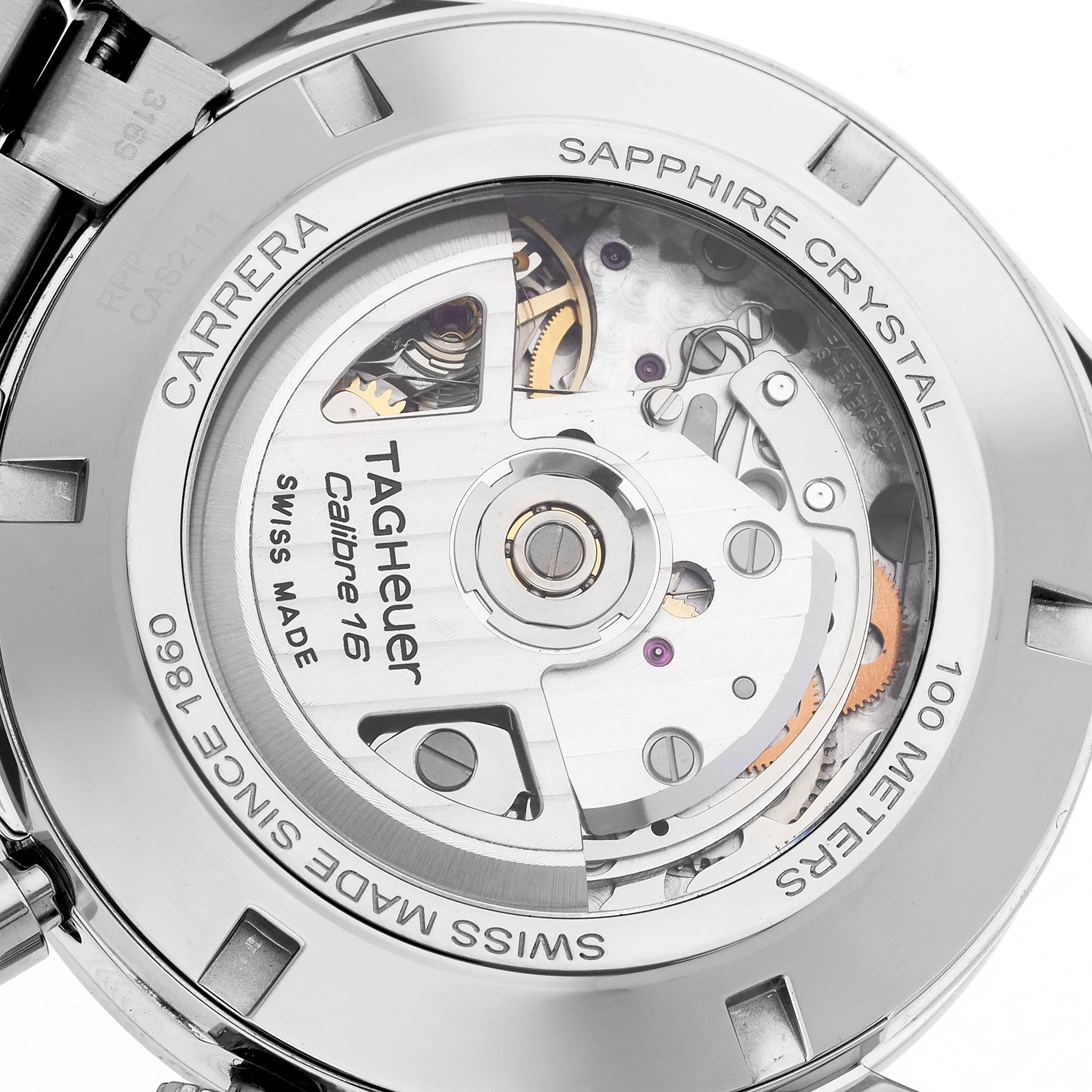 The image shows the back of a Tag Heuer Carrera CAS2111.BA0730 Men's Stainless Steel Silver Dial CAS2111.BA0730 Men's Stainless Steel Silver Dial watch, highlighting its Calibre 16 movement and sapphire crystal case.