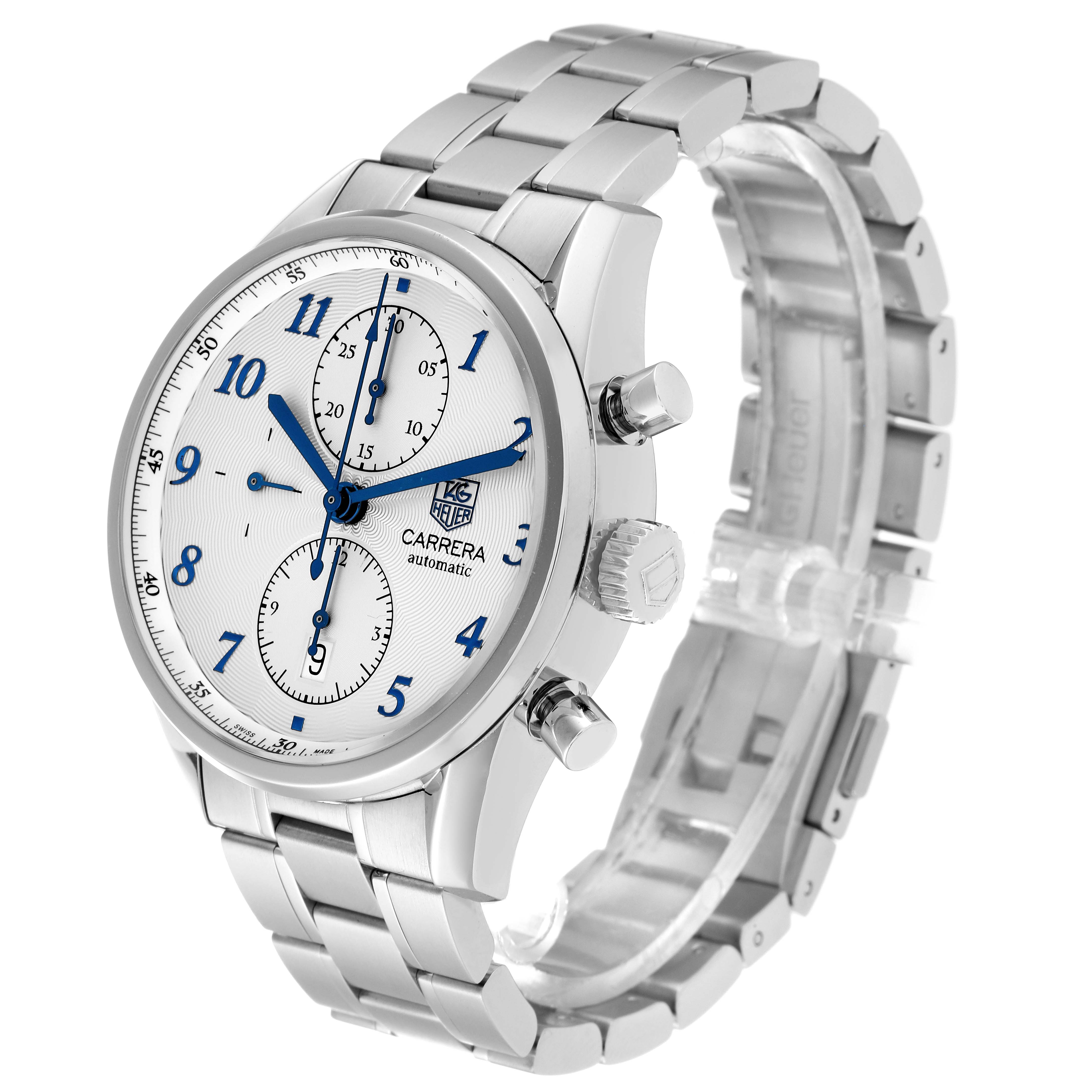 The image shows a Tag Heuer Carrera CAS2111.BA0730 Men's Stainless Steel Silver Dial CAS2111.BA0730 Men's Stainless Steel Silver Dial watch at a three-quarter angle, highlighting the dial, crown, pushers, and bracelet.