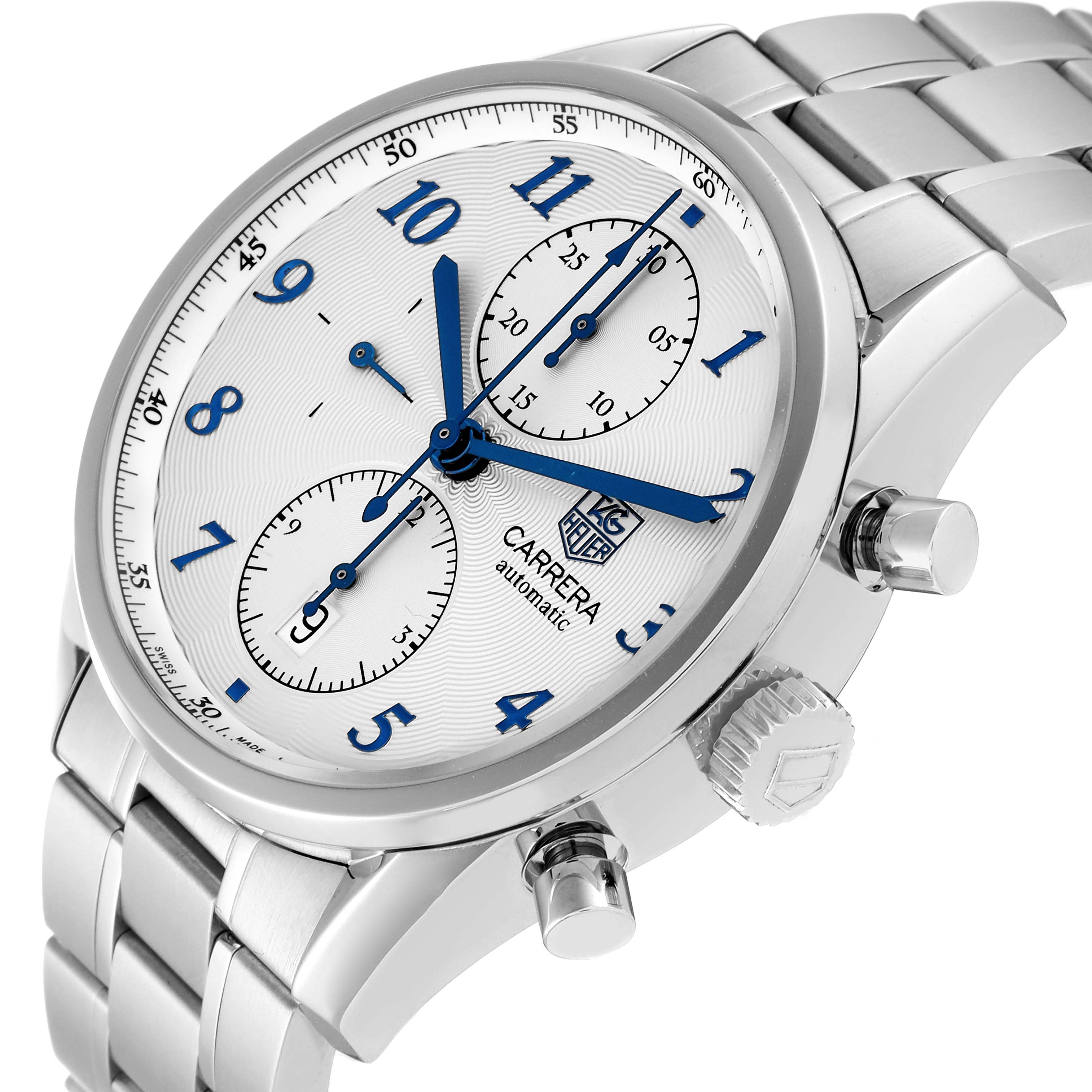 The image shows a side angle of the Tag Heuer Carrera CAS2111.BA0730 Men's Stainless Steel Silver Dial CAS2111.BA0730 Men's Stainless Steel Silver Dial watch, highlighting the face, chronograph buttons, and metal bracelet.