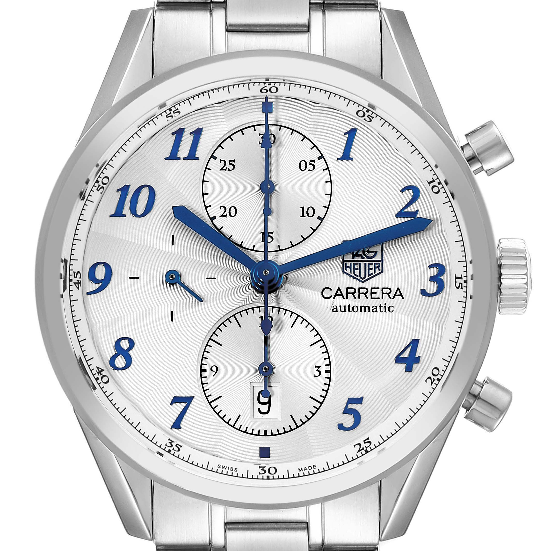 This Tag Heuer Carrera CAS2111.BA0730 Men's Stainless Steel Silver Dial CAS2111.BA0730 Men's Stainless Steel Silver Dial model watch is shown from a front angle, displaying its dial, indices, hands, subdials, and crown.