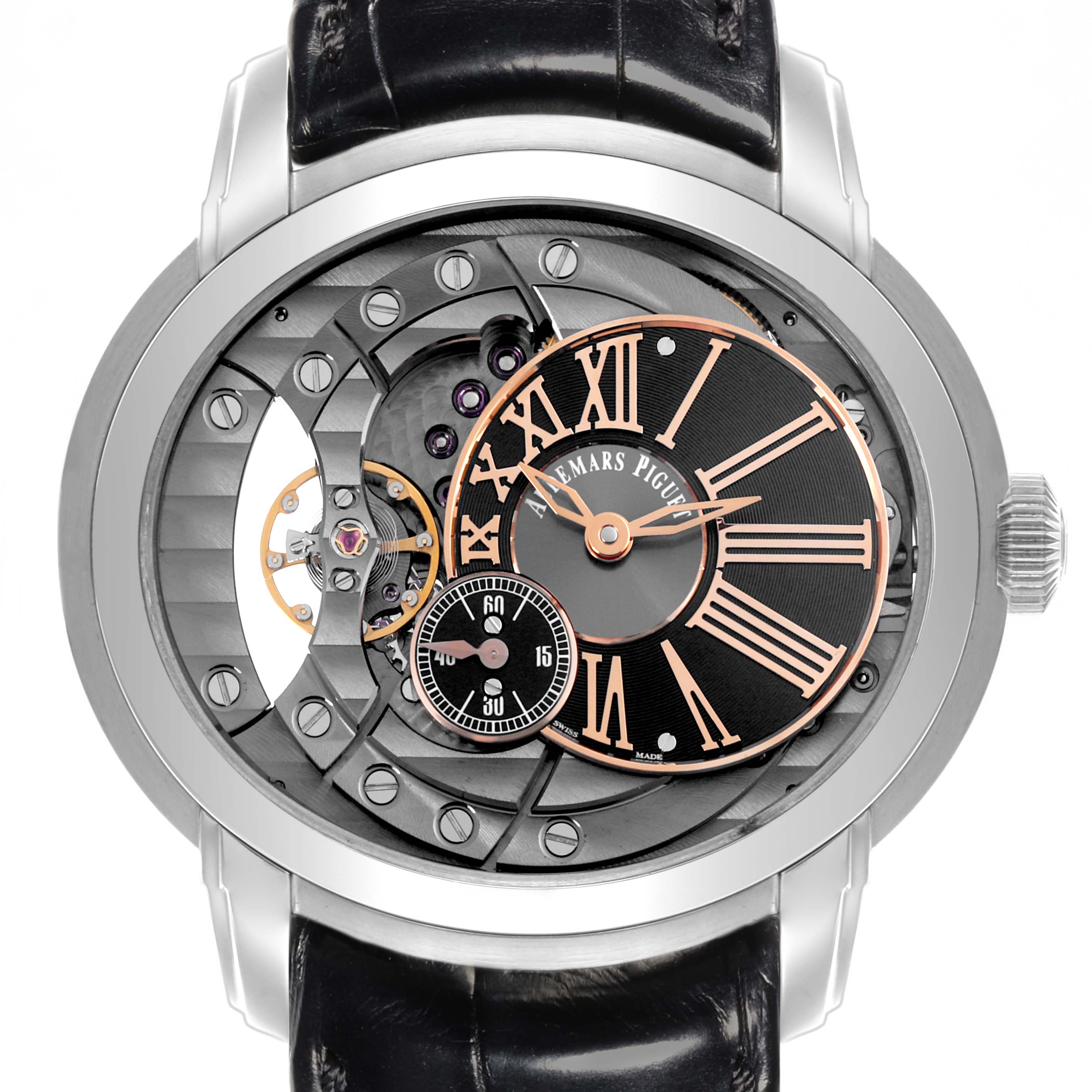 The Audemars Piguet Millenary 15350ST.OO.D002CR.01 Men's Stainless Steel Transparent Dial 15350ST.OO.D002CR.01 Men's Stainless Steel Transparent Dial watch is shown from a front angle, highlighting its openwork dial and visible mechanisms.
