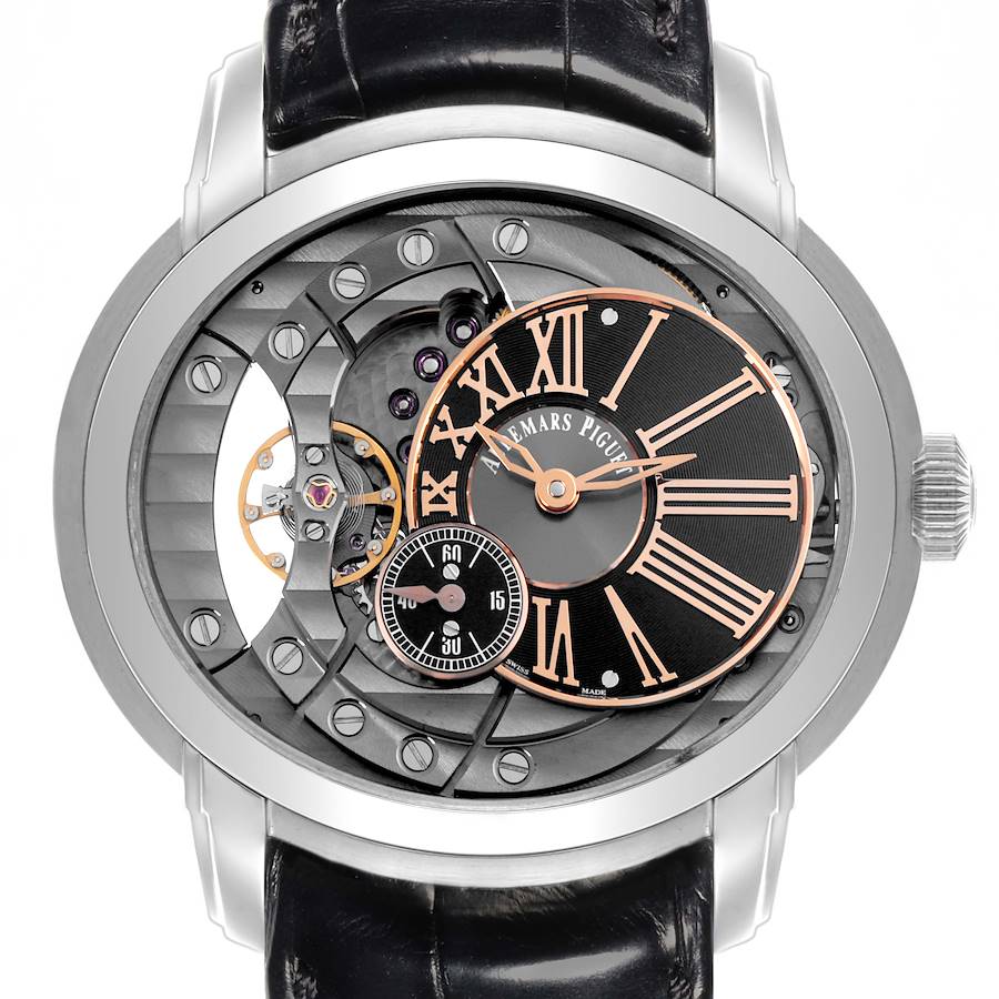 The Audemars Piguet Millenary watch is shown from a front angle, highlighting its openwork dial and visible mechanisms.