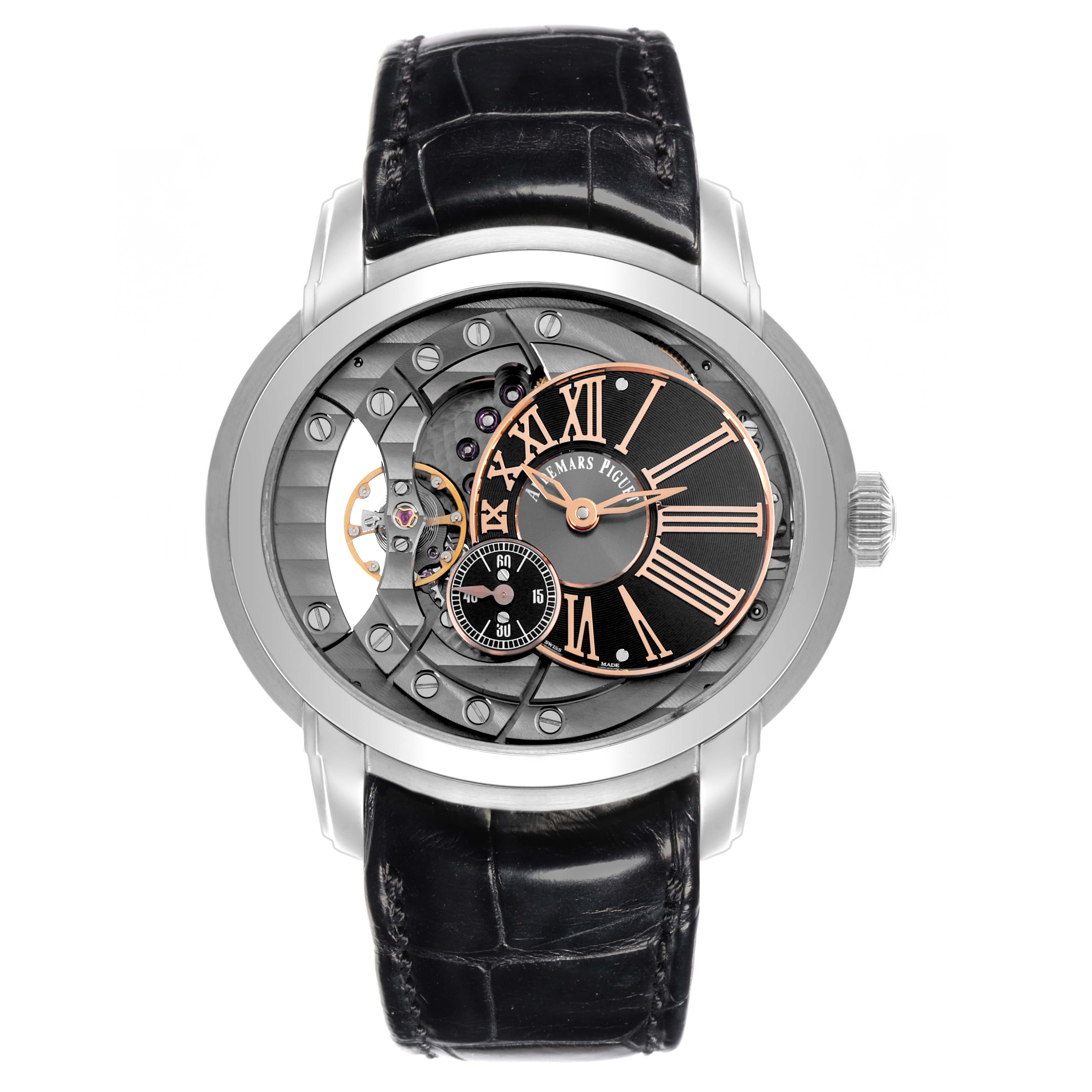 The Audemars Piguet Millenary 15350ST.OO.D002CR.01 Men's Stainless Steel Transparent Dial 15350ST.OO.D002CR.01 Men's Stainless Steel Transparent Dial watch is shown from a front view, featuring its unique dial with visible movement and black leather strap.