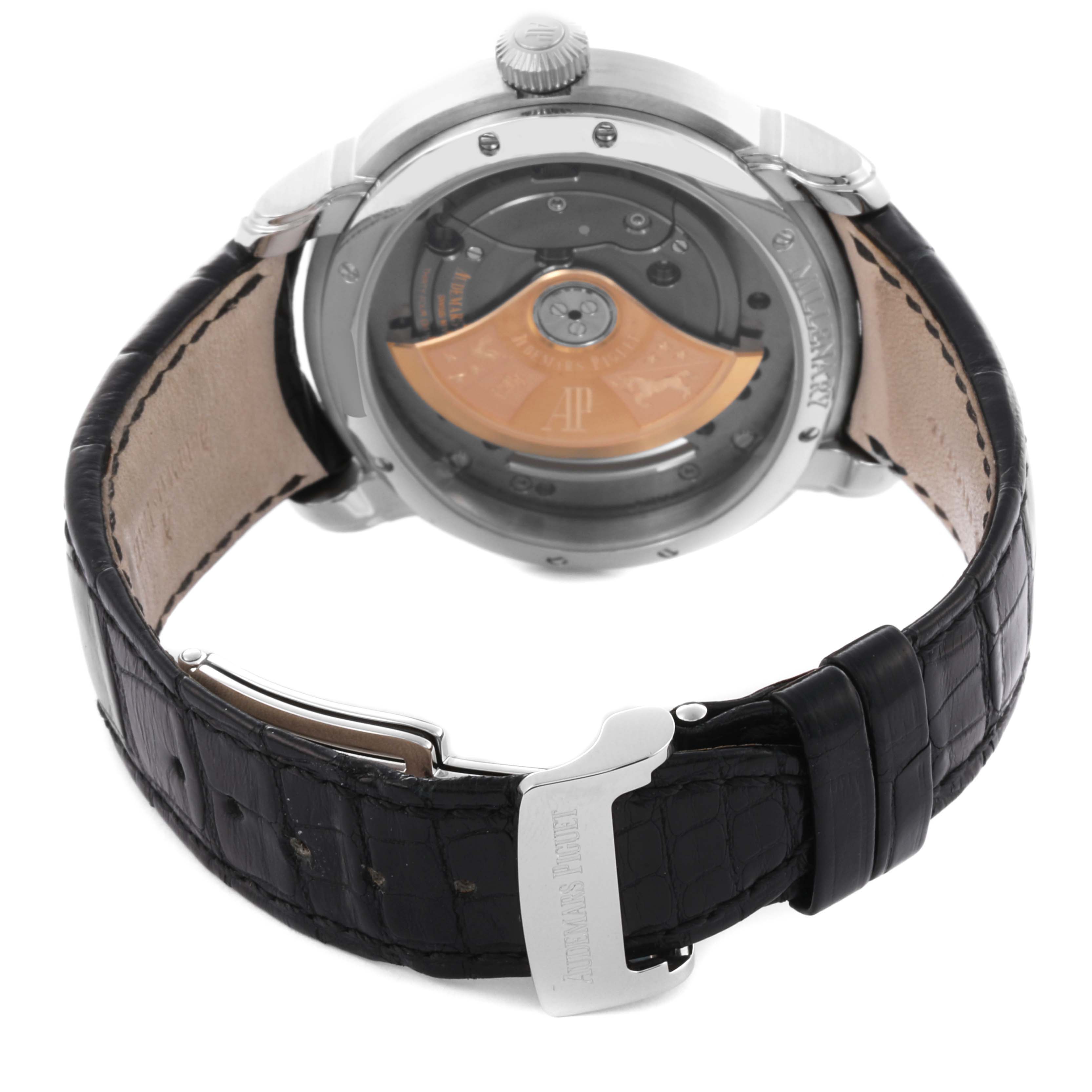 The image shows the back view of the Audemars Piguet Millenary 15350ST.OO.D002CR.01 Men's Stainless Steel Transparent Dial 15350ST.OO.D002CR.01 Men's Stainless Steel Transparent Dial, highlighting the see-through case back and black leather strap.