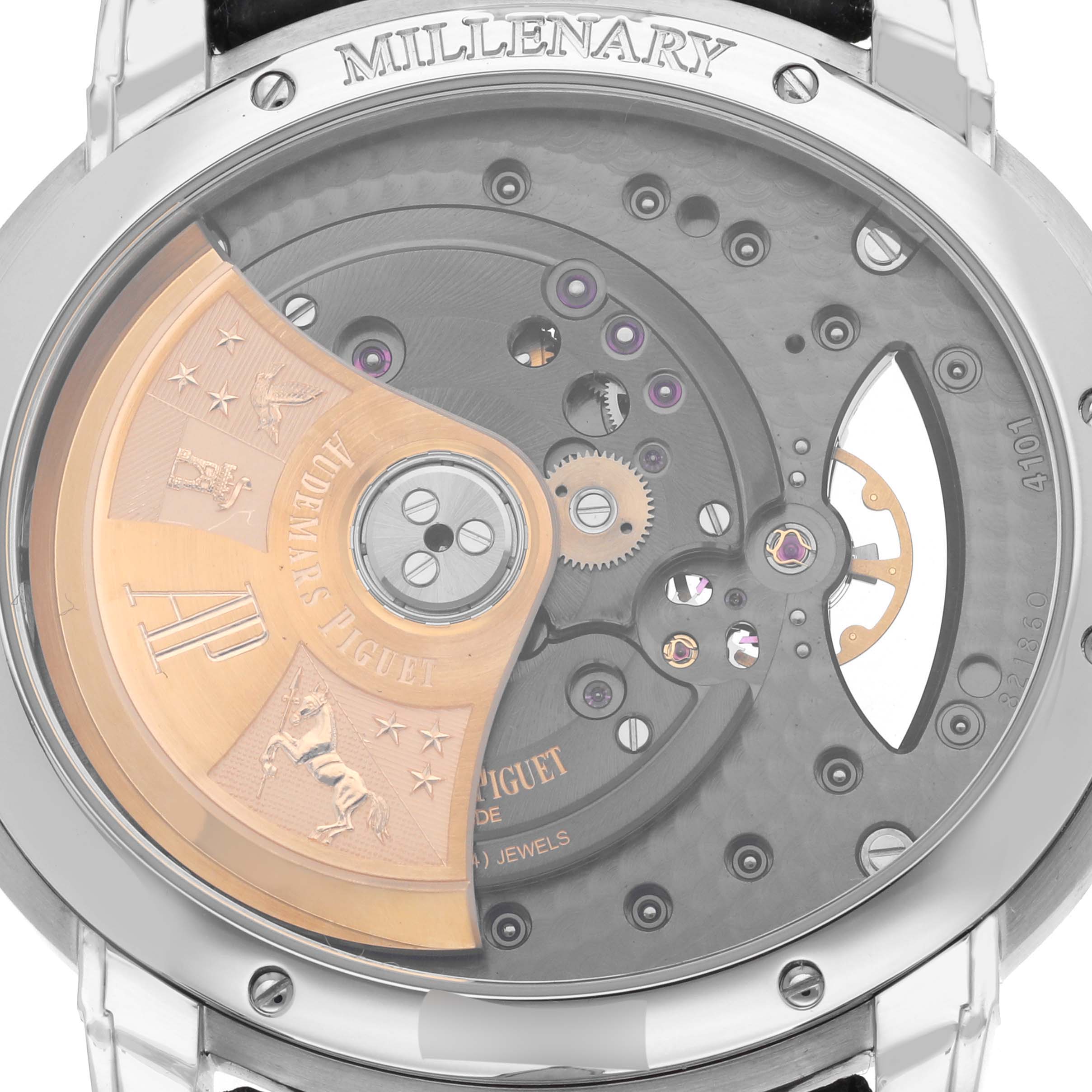 The image shows the back view of an Audemars Piguet Millenary 15350ST.OO.D002CR.01 Men's Stainless Steel Transparent Dial 15350ST.OO.D002CR.01 Men's Stainless Steel Transparent Dial watch, revealing its intricate mechanical movement.