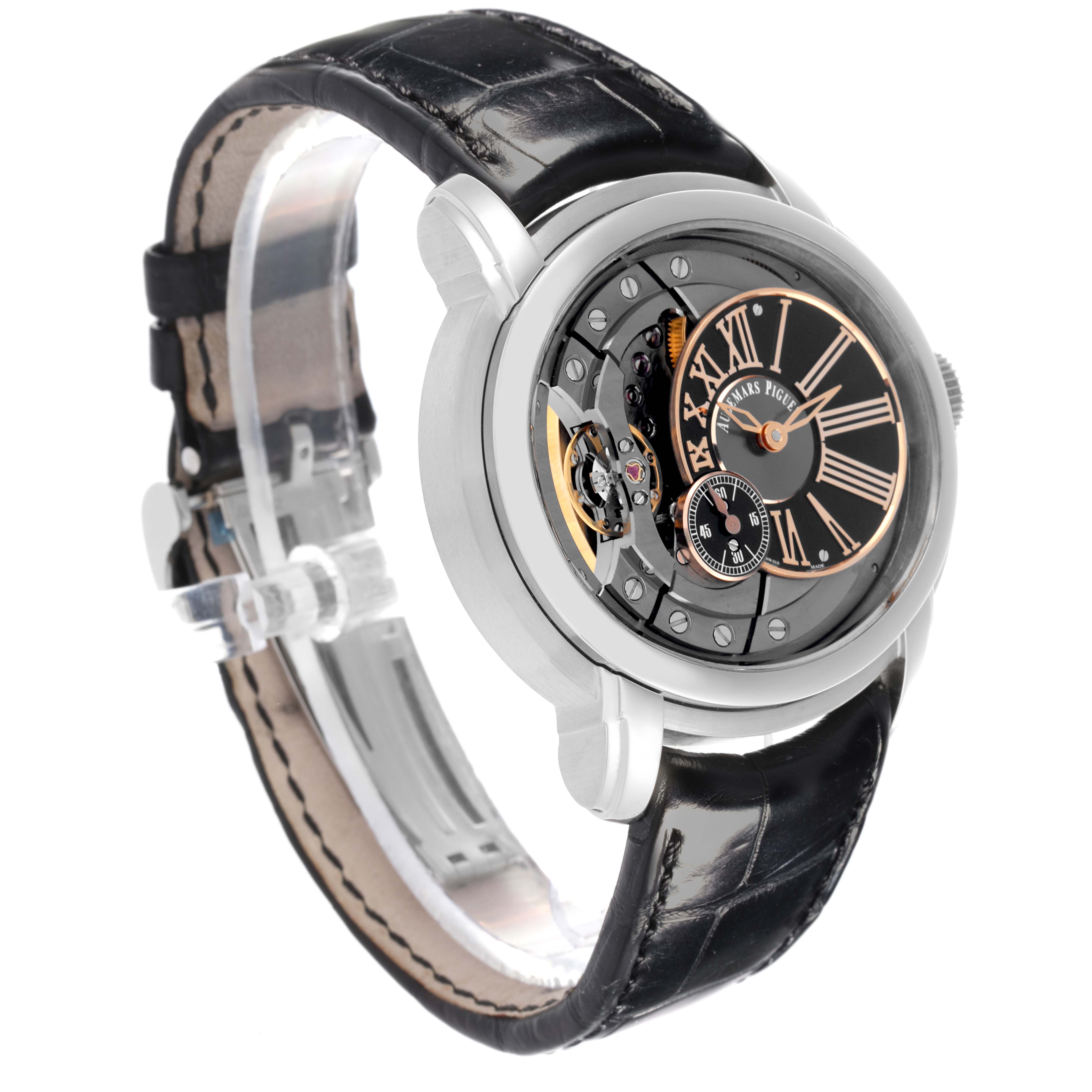 The Audemars Piguet Millenary 15350ST.OO.D002CR.01 Men's Stainless Steel Transparent Dial 15350ST.OO.D002CR.01 Men's Stainless Steel Transparent Dial watch is shown at a slight angle, highlighting its oval case, off-center dial, and visible movement.