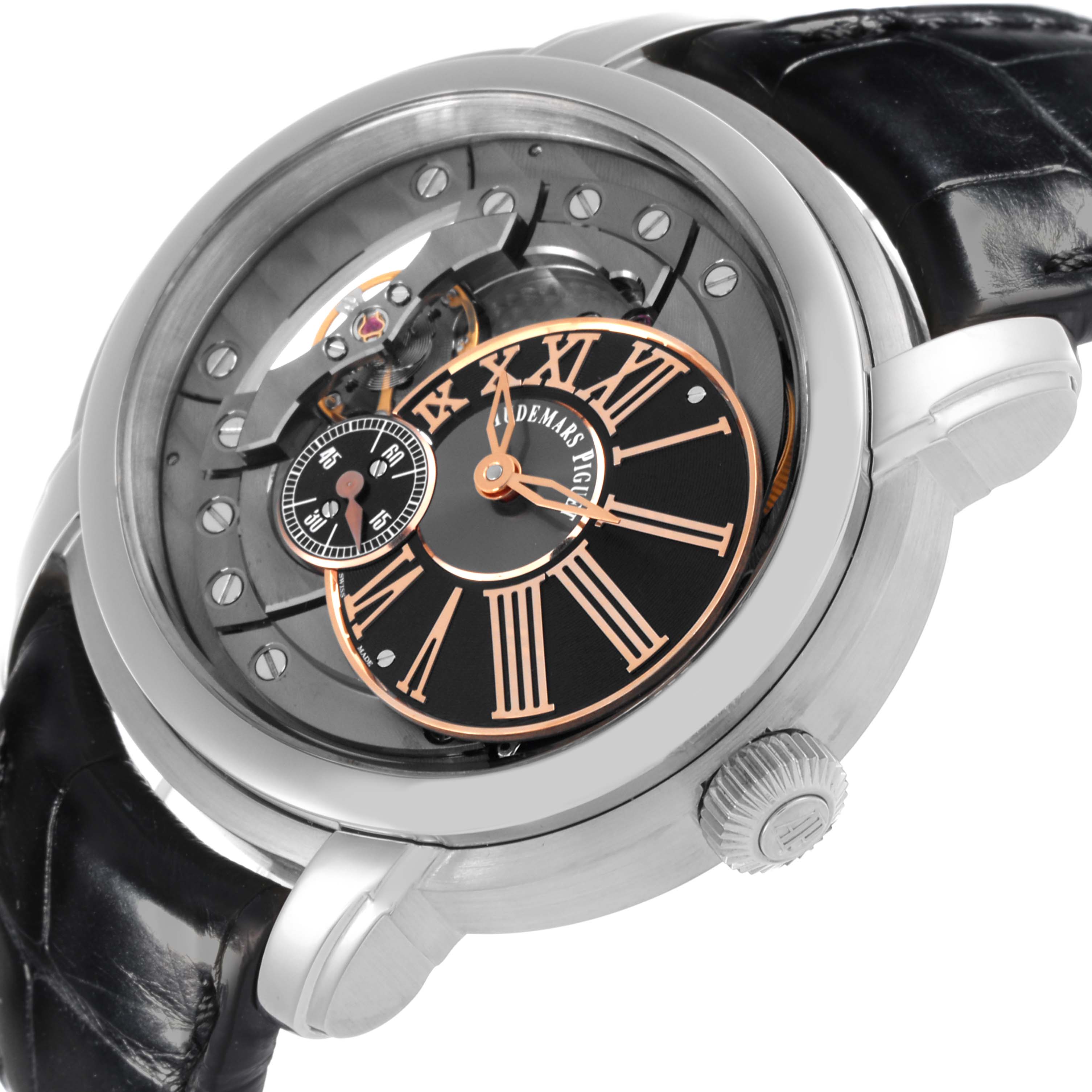 The Audemars Piguet Millenary 15350ST.OO.D002CR.01 Men's Stainless Steel Transparent Dial 15350ST.OO.D002CR.01 Men's Stainless Steel Transparent Dial watch is shown at an angle, highlighting the dial, crown, and partial strap.