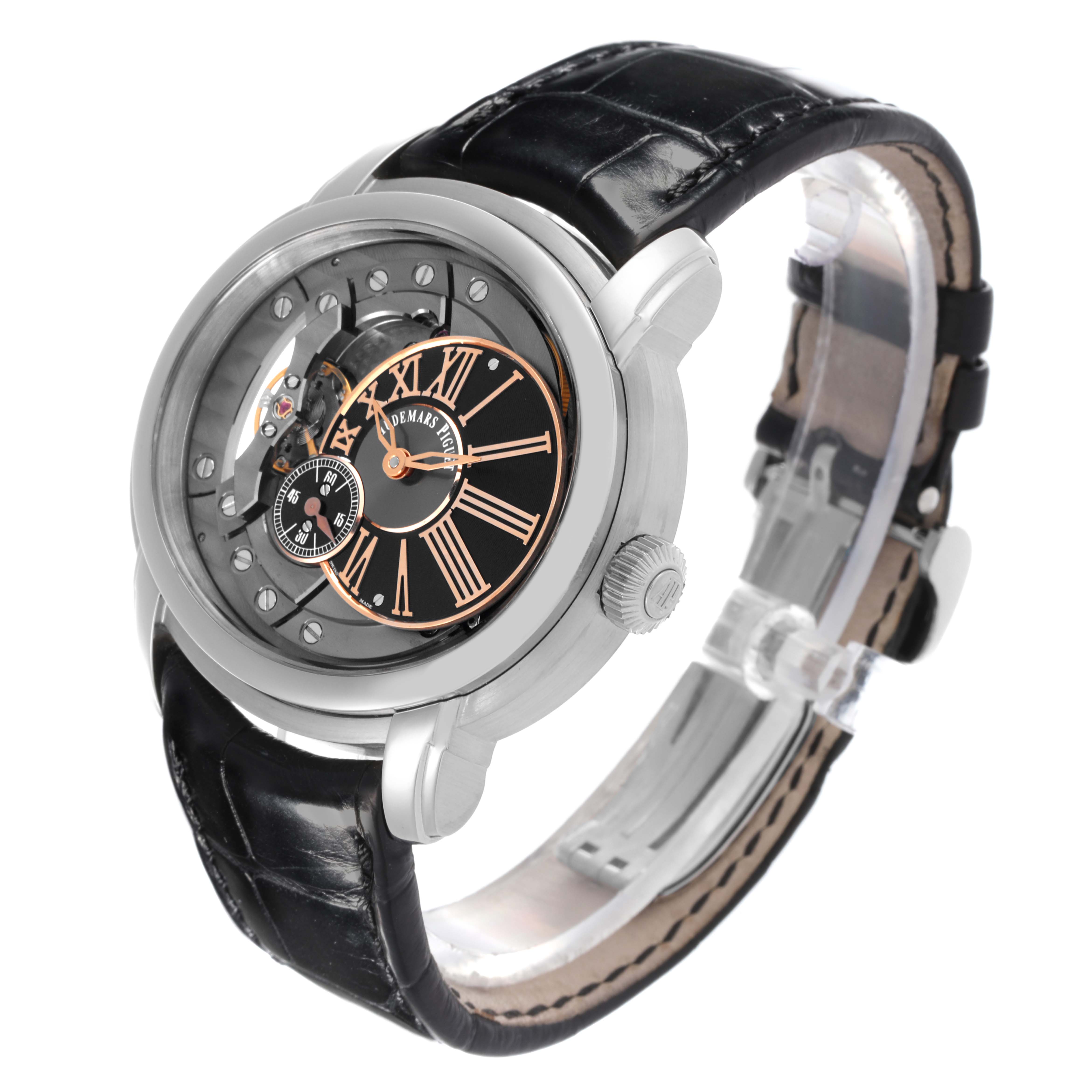 The Audemars Piguet Millenary 15350ST.OO.D002CR.01 Men's Stainless Steel Transparent Dial 15350ST.OO.D002CR.01 Men's Stainless Steel Transparent Dial watch is shown at a three-quarter angle, highlighting its dial, case, and black leather strap.