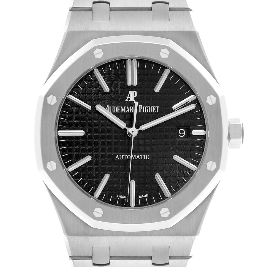 The image shows a front view of an Audemars Piguet Royal Oak watch, highlighting its dial, hands, bezel, and bracelet.