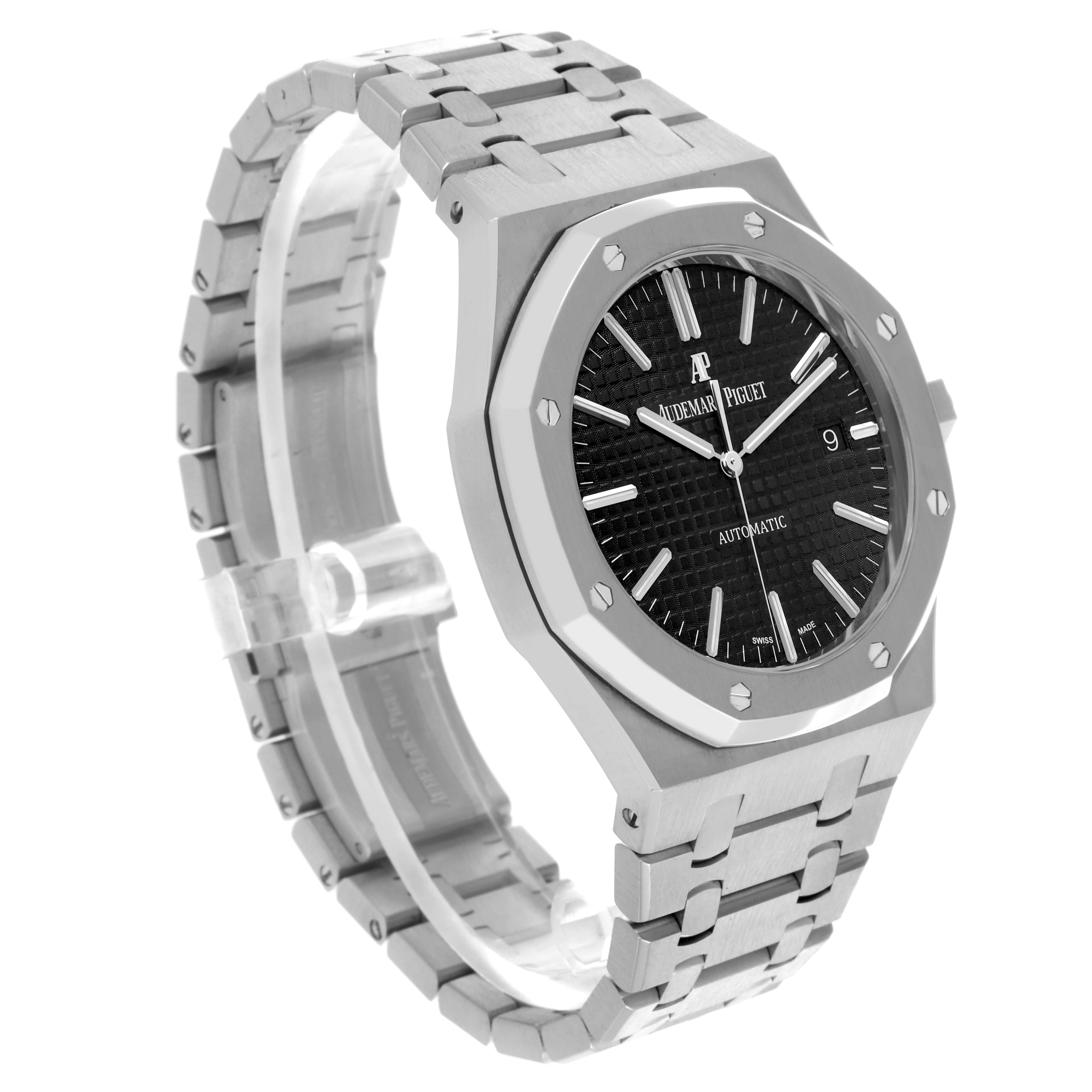 The Audemars Piguet Royal Oak 15400ST.OO.1220ST.01 Men's Stainless Steel Black Dial 15400ST.OO.1220ST.01 Men's Stainless Steel Black Dial watch is shown at a three-quarter angle, highlighting the face, bezel, and bracelet.