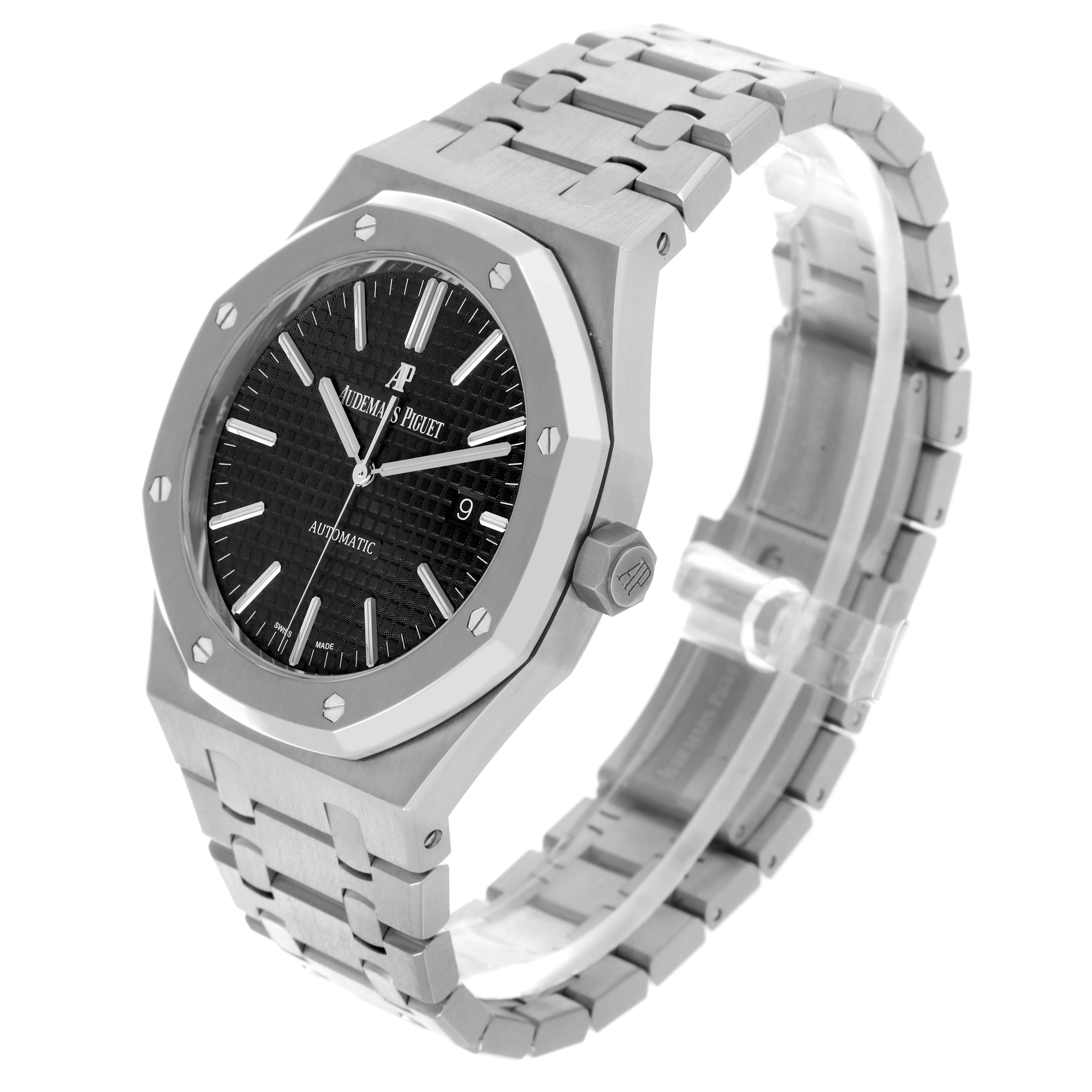 The Audemars Piguet Royal Oak 15400ST.OO.1220ST.01 Men's Stainless Steel Black Dial 15400ST.OO.1220ST.01 Men's Stainless Steel Black Dial watch is shown at a three-quarter angle, highlighting the dial, bezel, crown, and full bracelet.