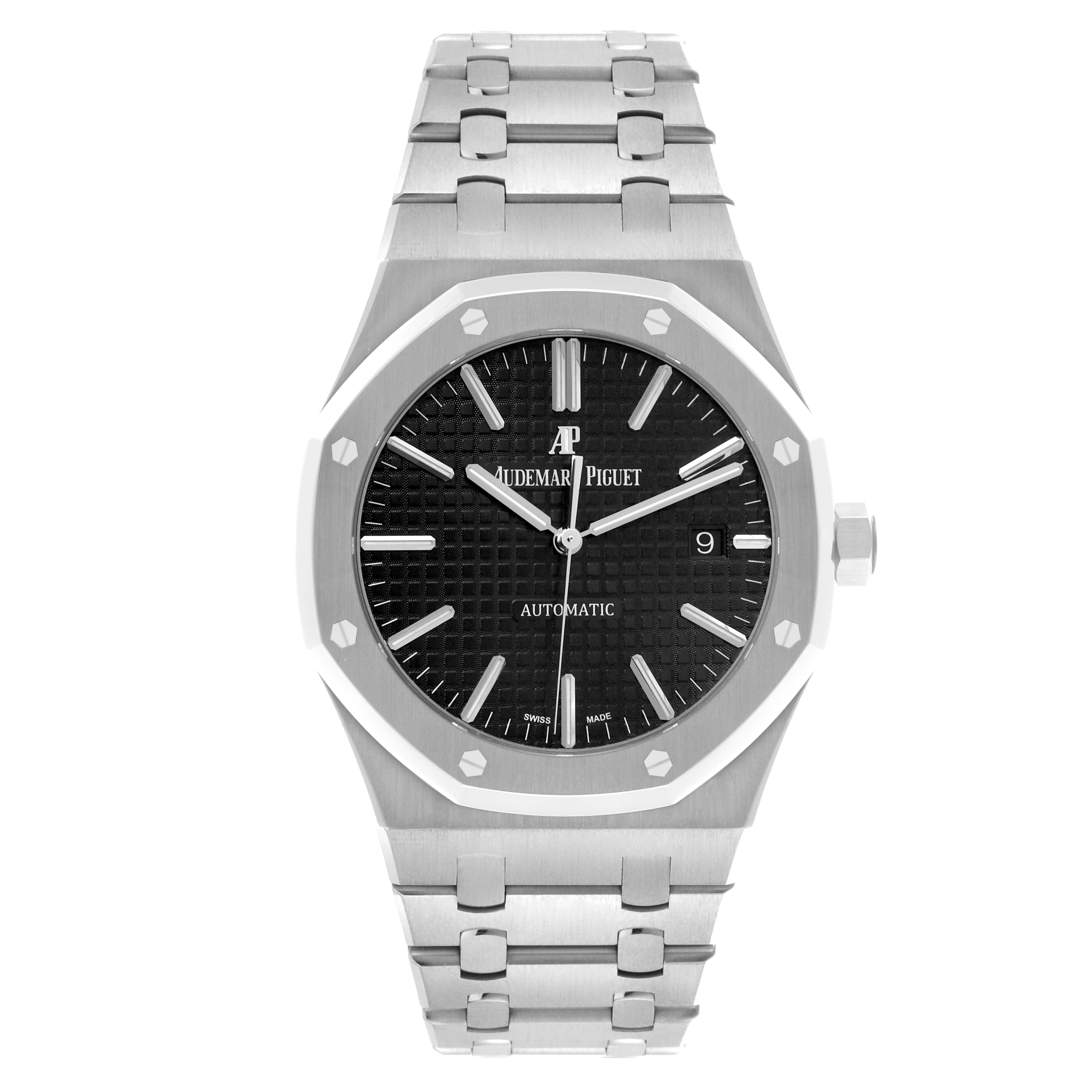 The Audemars Piguet Royal Oak 15400ST.OO.1220ST.01 Men's Stainless Steel Black Dial 15400ST.OO.1220ST.01 Men's Stainless Steel Black Dial is shown from a front view, displaying the watch face, bezel, and bracelet.