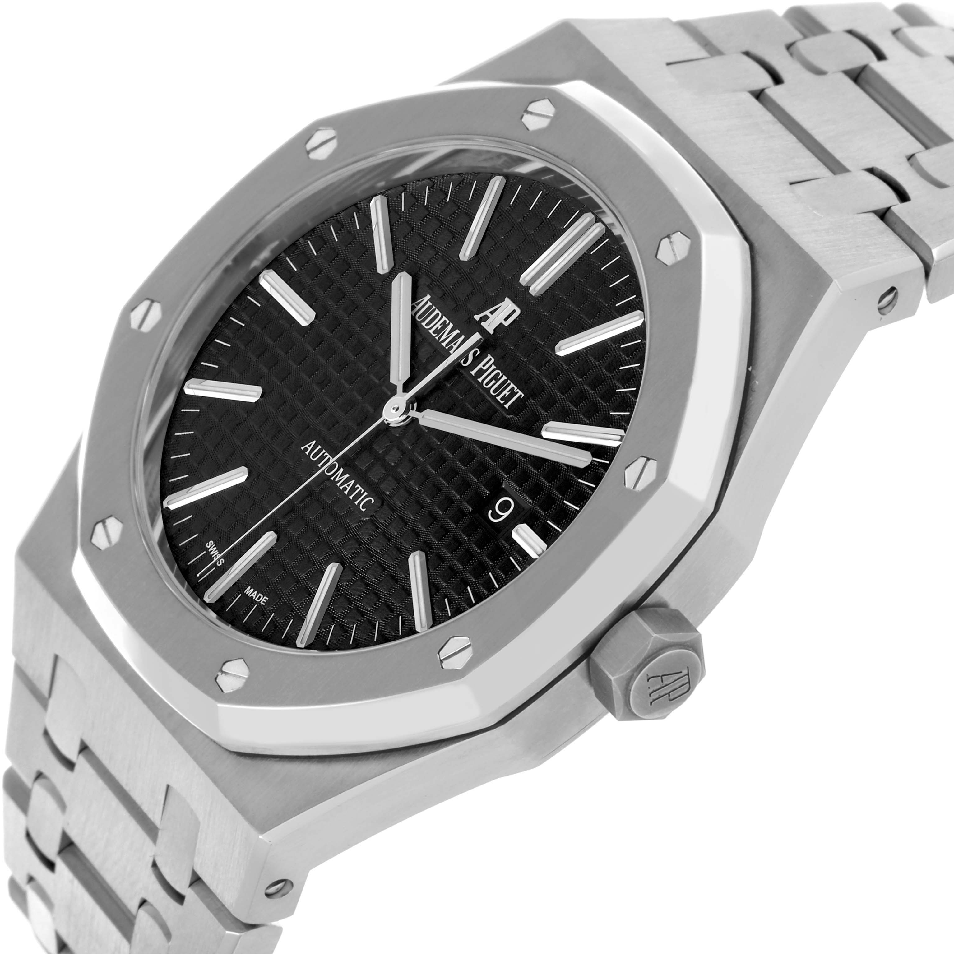 The Audemars Piguet Royal Oak 15400ST.OO.1220ST.01 Men's Stainless Steel Black Dial 15400ST.OO.1220ST.01 Men's Stainless Steel Black Dial is shown at a slight angle highlighting the case, bezel, dial, and bracelet.