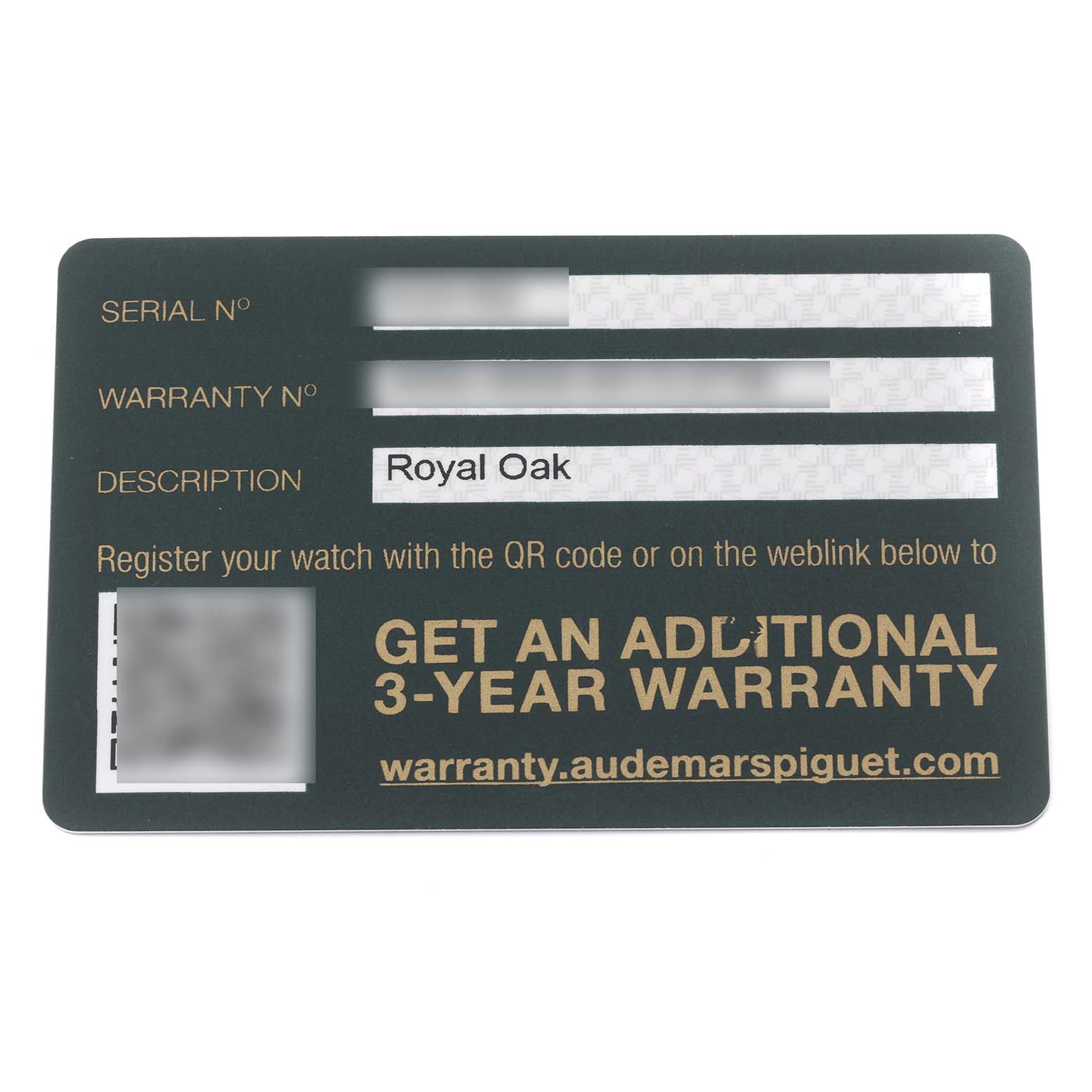 This image shows a warranty card for the Audemars Piguet Royal Oak 15400ST.OO.1220ST.01 Men's Stainless Steel Black Dial 15400ST.OO.1220ST.01 Men's Stainless Steel Black Dial watch, displaying serial and warranty numbers.
