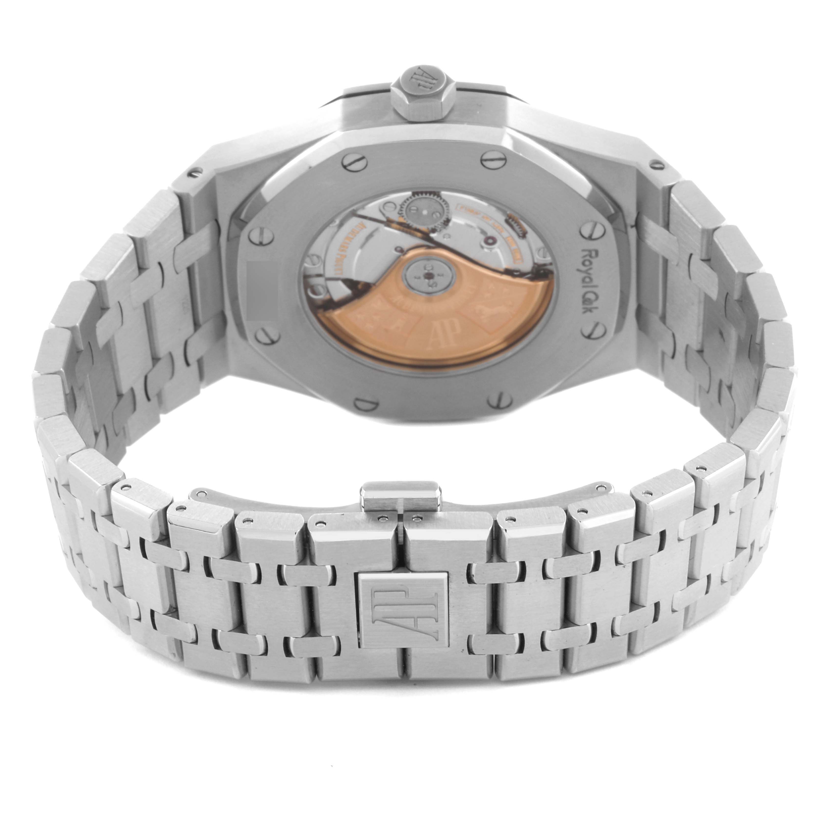 The Audemars Piguet Royal Oak 15400ST.OO.1220ST.01 Men's Stainless Steel Black Dial 15400ST.OO.1220ST.01 Men's Stainless Steel Black Dial watch is shown from the back, highlighting the transparent case back, rotor, and bracelet clasp.