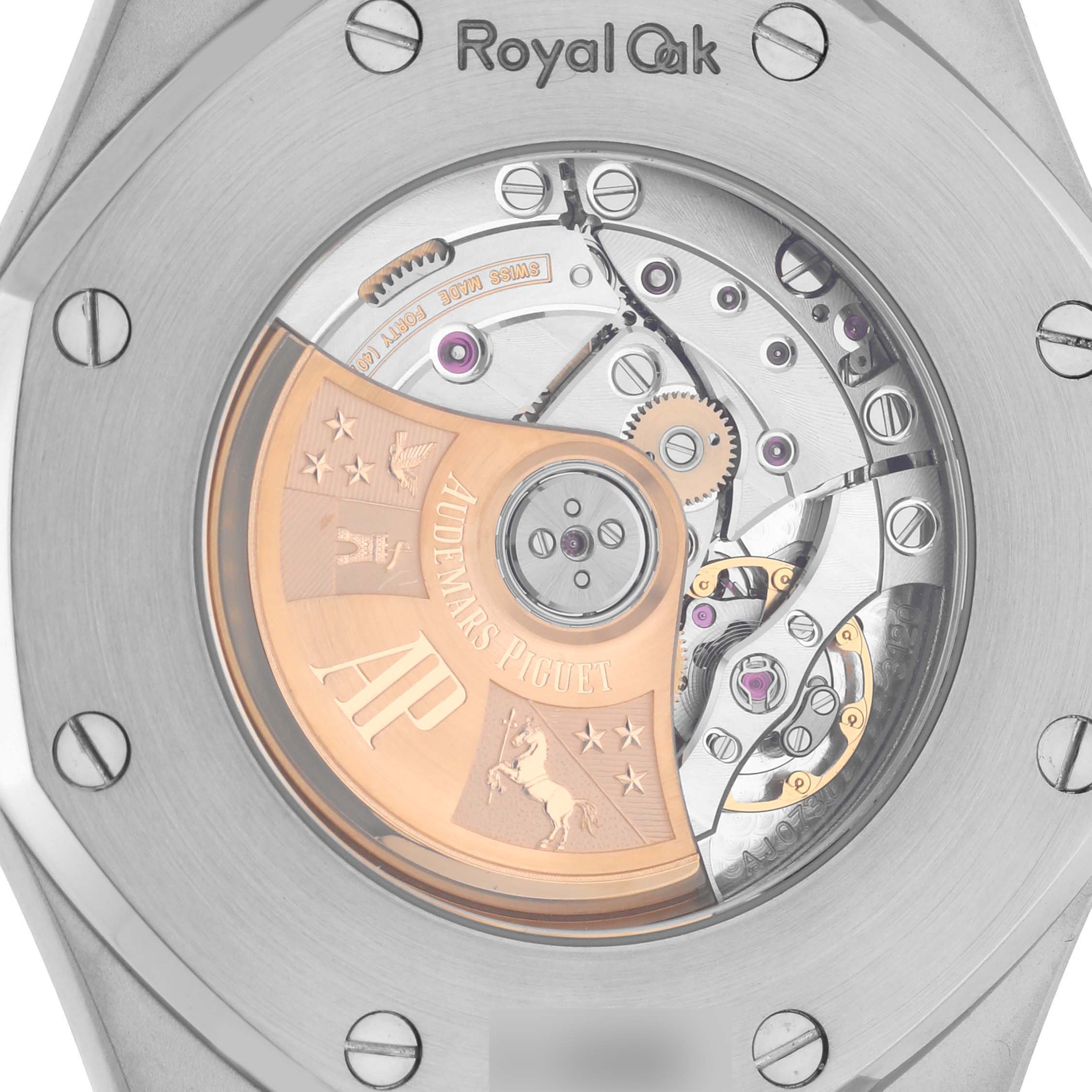 The image shows the back of the Audemars Piguet Royal Oak 15400ST.OO.1220ST.01 Men's Stainless Steel Black Dial 15400ST.OO.1220ST.01 Men's Stainless Steel Black Dial watch, highlighting its intricate automatic movement.