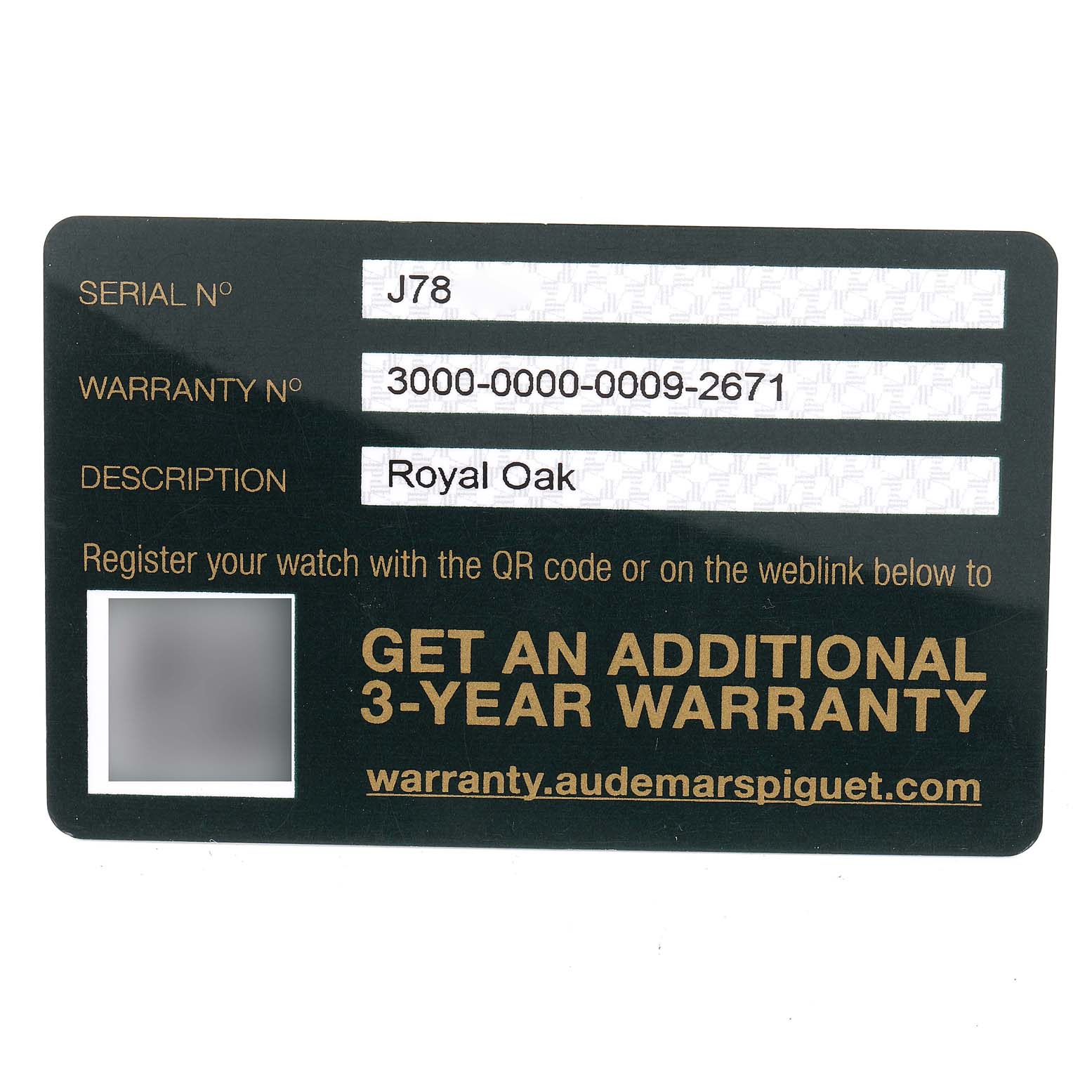 The image shows a warranty card for the Audemars Piguet Royal Oak 26331ST.OO.1220ST.01 Men's Stainless Steel Blue Dial 26331ST.OO.1220ST.01 Men's Stainless Steel Blue Dial watch model, including the serial and warranty numbers.