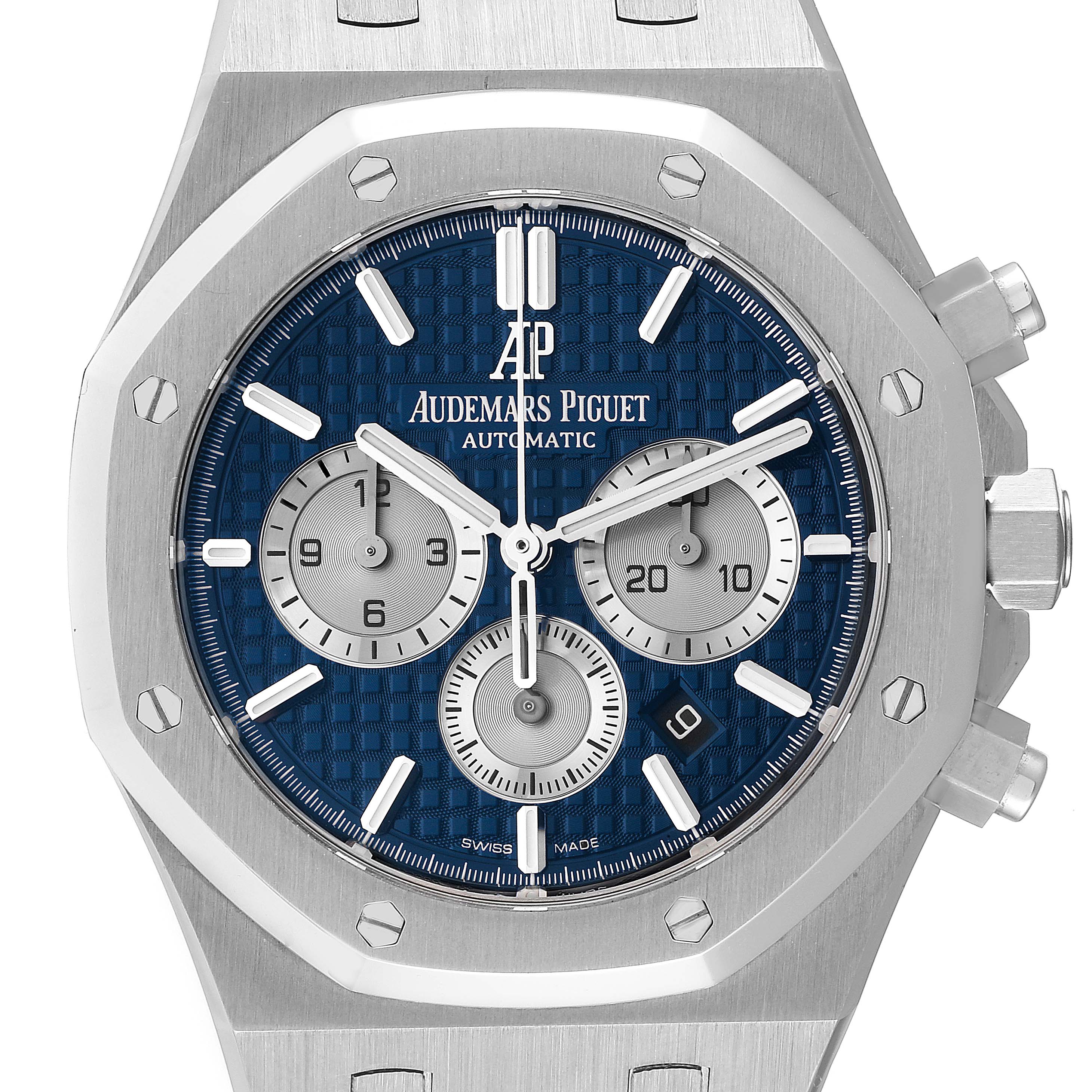 This image shows a front view of the Audemars Piguet Royal Oak 26331ST.OO.1220ST.01 Men's Stainless Steel Blue Dial 26331ST.OO.1220ST.01 Men's Stainless Steel Blue Dial watch, highlighting its blue dial and steel case.